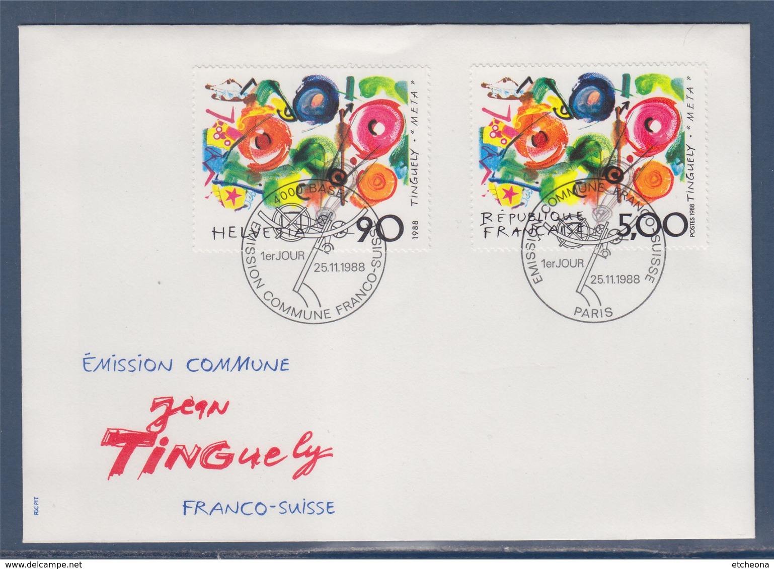 = Série Artistique Jean Tinguely émission Franco-Suisse Enveloppe 1e Jour Paris Et Basel 25 11 88 N°2557 Suisse 1308 - Emissions Communes