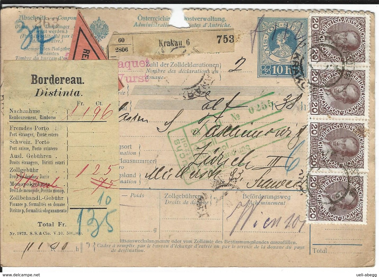 Österreich Nachnahme-Paketkarte Mi 140, 144, 5x146 Krakau 19.1.11 Nach Zürich - Sonstige & Ohne Zuordnung