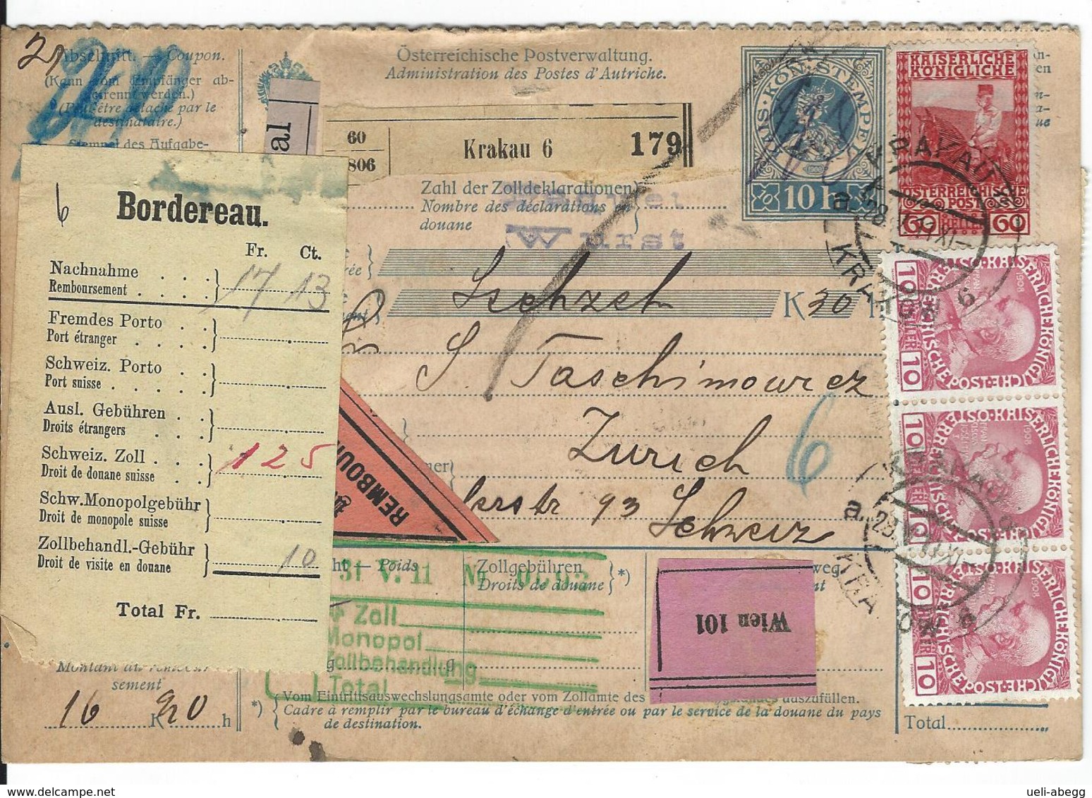 Österreich Nachnahme-Paketkarte Mi 140, 143, 5x144, 151 Krakau 28.5.11 Nach Zürich - Andere & Zonder Classificatie