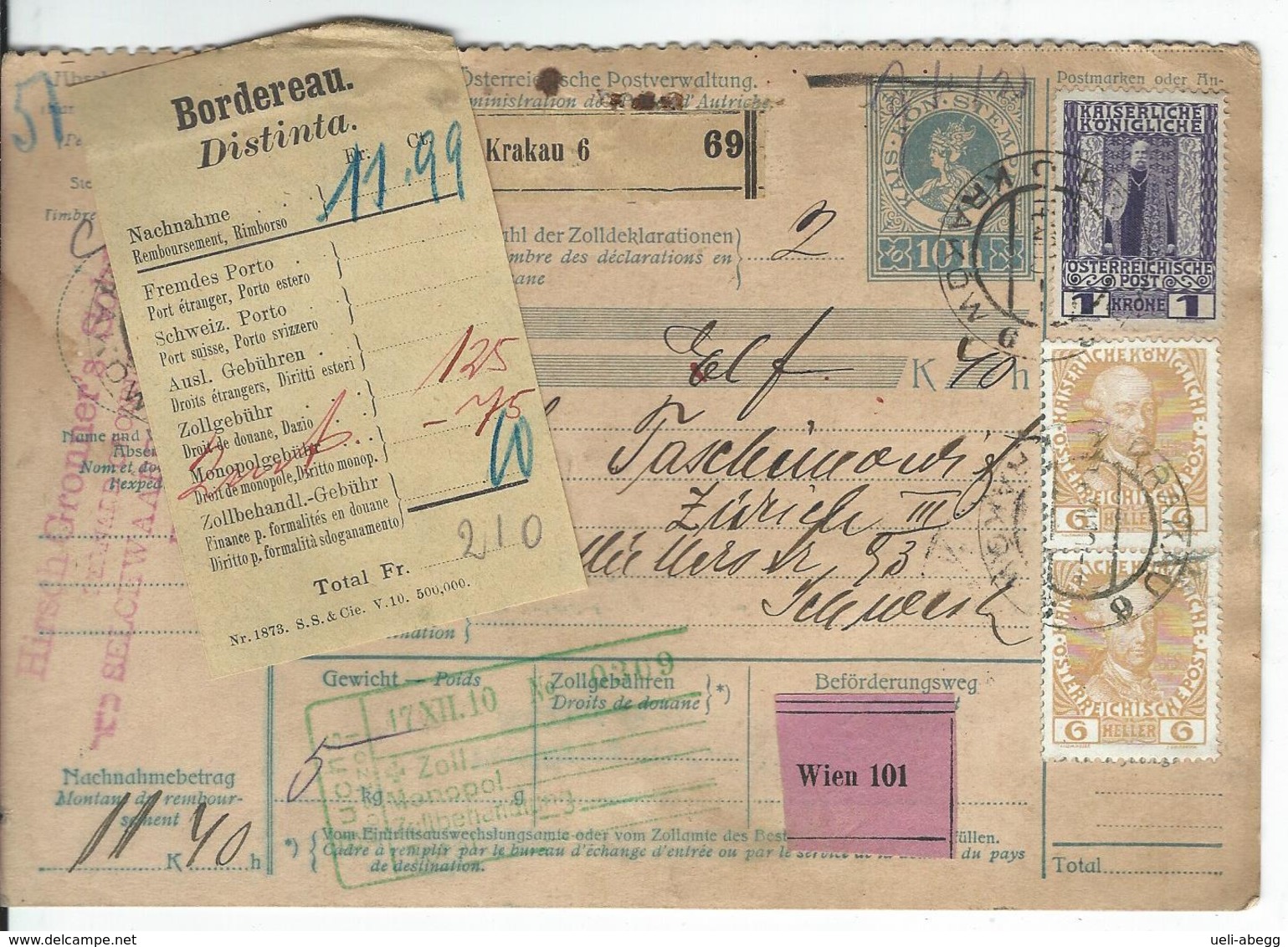 Österreich Nachnahme-Paketkarte Mi 2x143, 153 Krakau 14.12.10 Nach Zürich - Autres & Non Classés