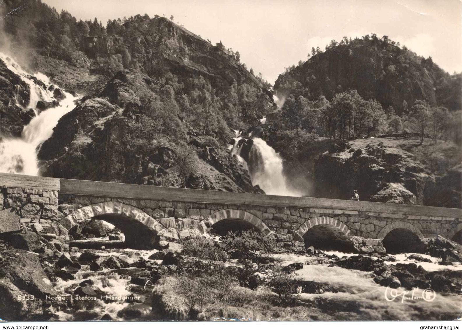 Postcard RPPC Norway Hardanger Låtefoss Waterfall Bridge Hardanger 1940s ? 1950s ? - Norway