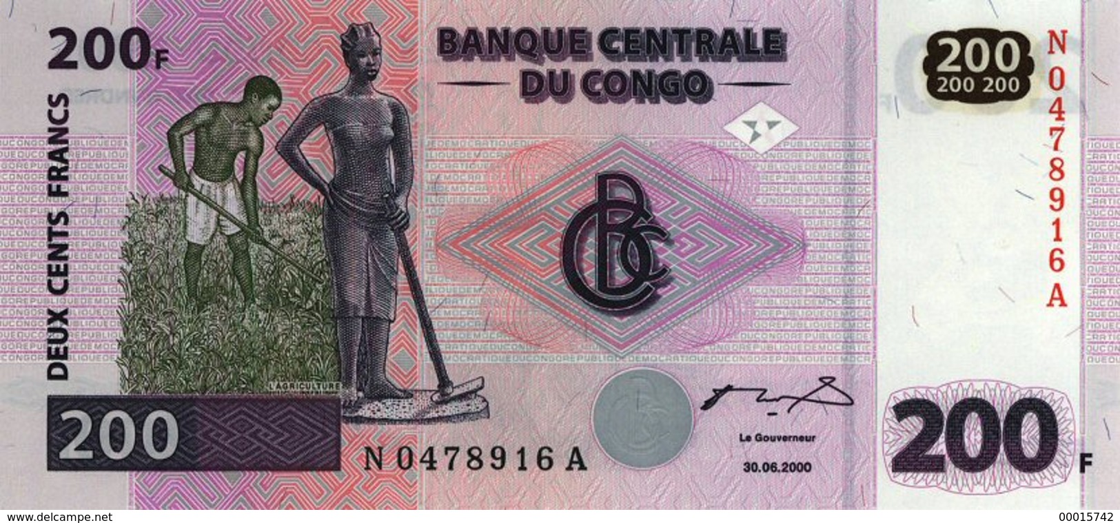 Congo Dem Rep 200 Francs 2000 P-95 UNC  D-0366 - Demokratische Republik Kongo & Zaire
