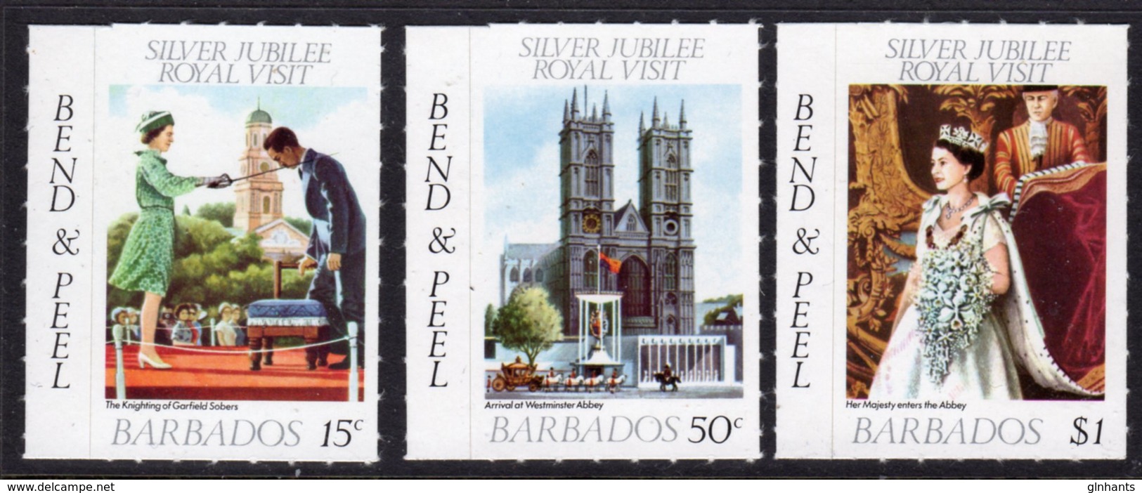 BARBADOS - 1977 SILVER JUBILEE ROYAL VISIT BEND & PEEL SET (3V) FINE MNH ** SG 590-592 - Barbados (1966-...)