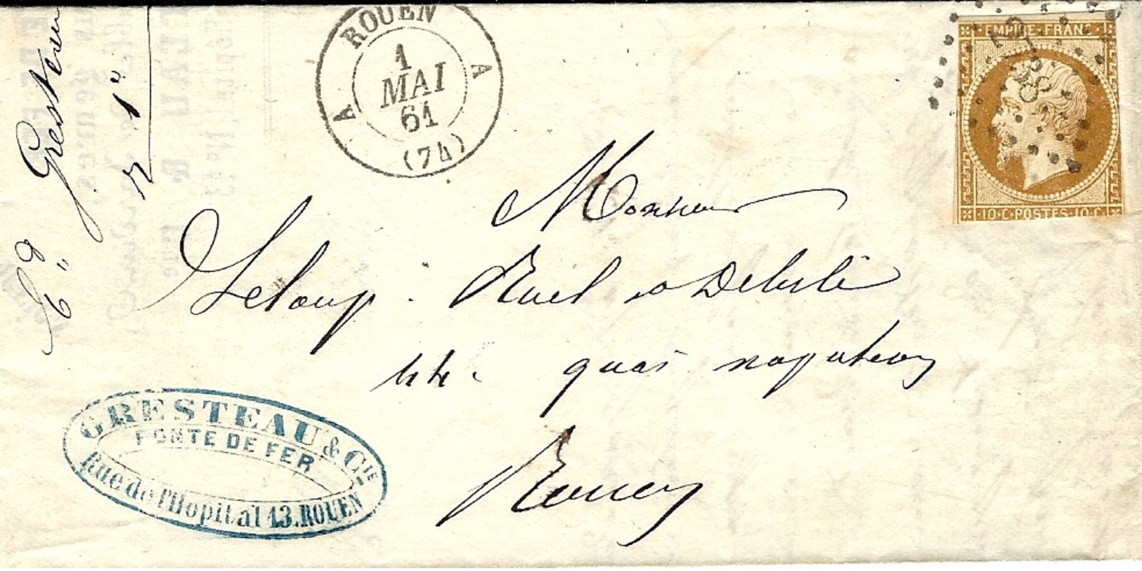 1861- Lettre De ROUEN ,bureau A Cad T15 Affr. N°13 Oblit. Pc 2738 Pour Rouen Courrier LOCAL - 1849-1876: Période Classique