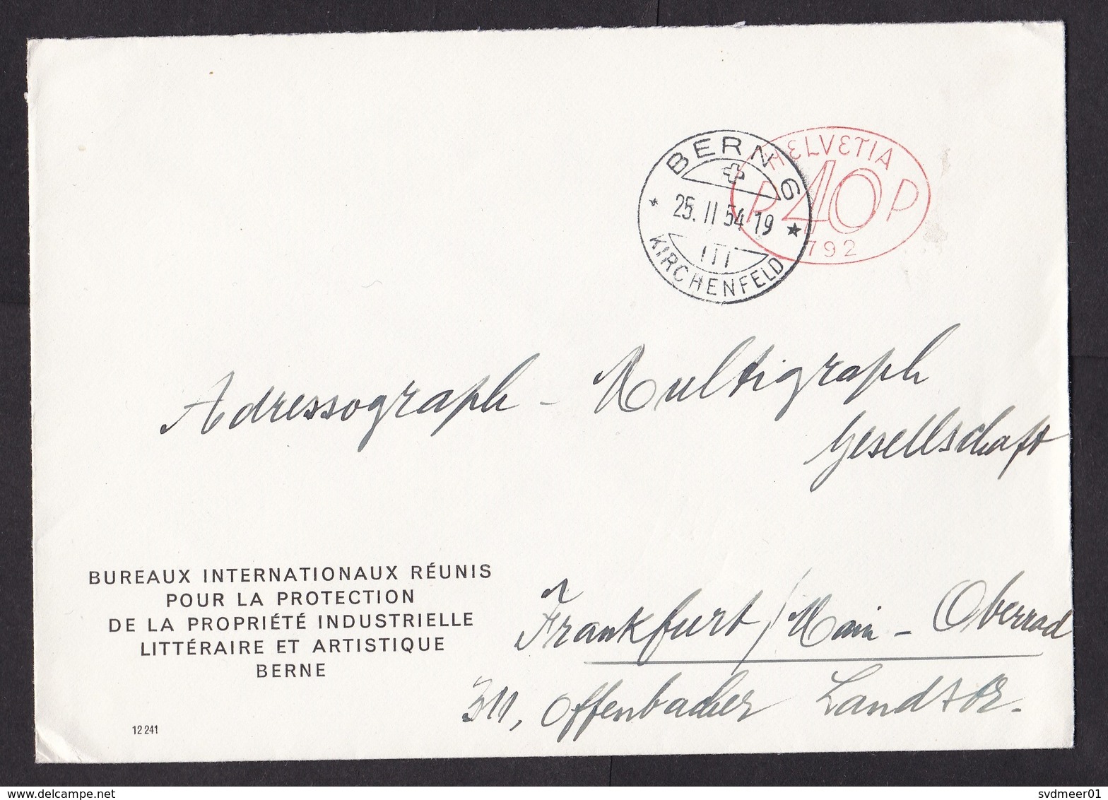 Switzerland: Cover To Germany, 1954, Meter Cancel, Bureau Protection Intellectual Property, Rare (traces Of Use) - Brieven En Documenten