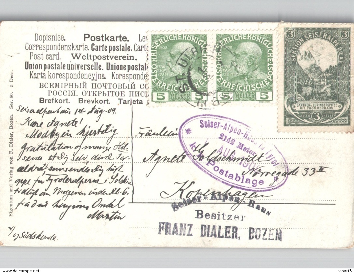 Süd-Tirol Seiner-Alpen-Haus Tirol K.K.POSTABLAGE Violett Oval Mit 3 HELLER Vignette SEKTION A.OE.A.V. Franz Dialer Bozen - Bolzano (Bozen)