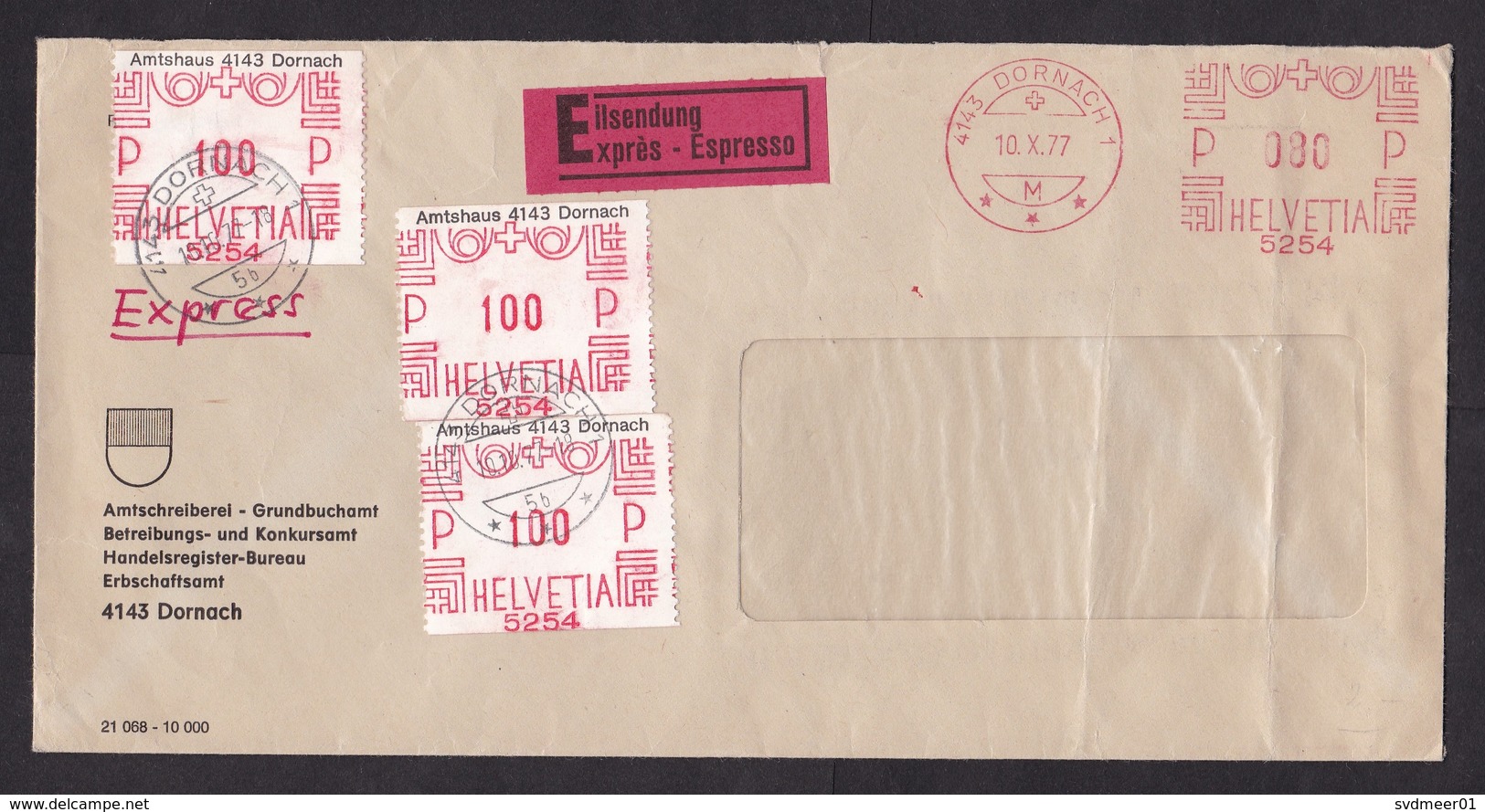 Switzerland: Express Cover, 1977, Meter Cancel, 3 Extra Meter Labels, Expres Label, Not At Home At Back (minor Creases) - Brieven En Documenten