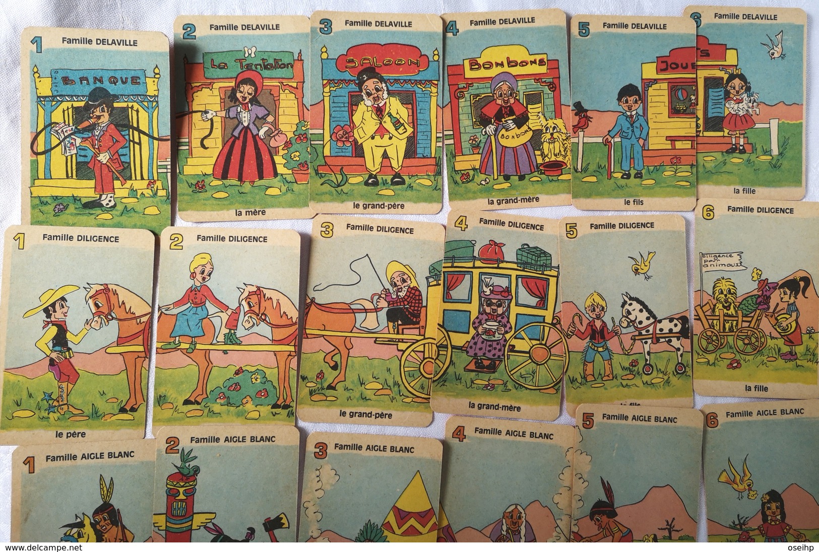 Ancien Jeu Cartes 6 Familles Farwest Cowboy Indien Diligence Sheriff Brigand Hors La Loi Delaville Banque Famille - Autres & Non Classés