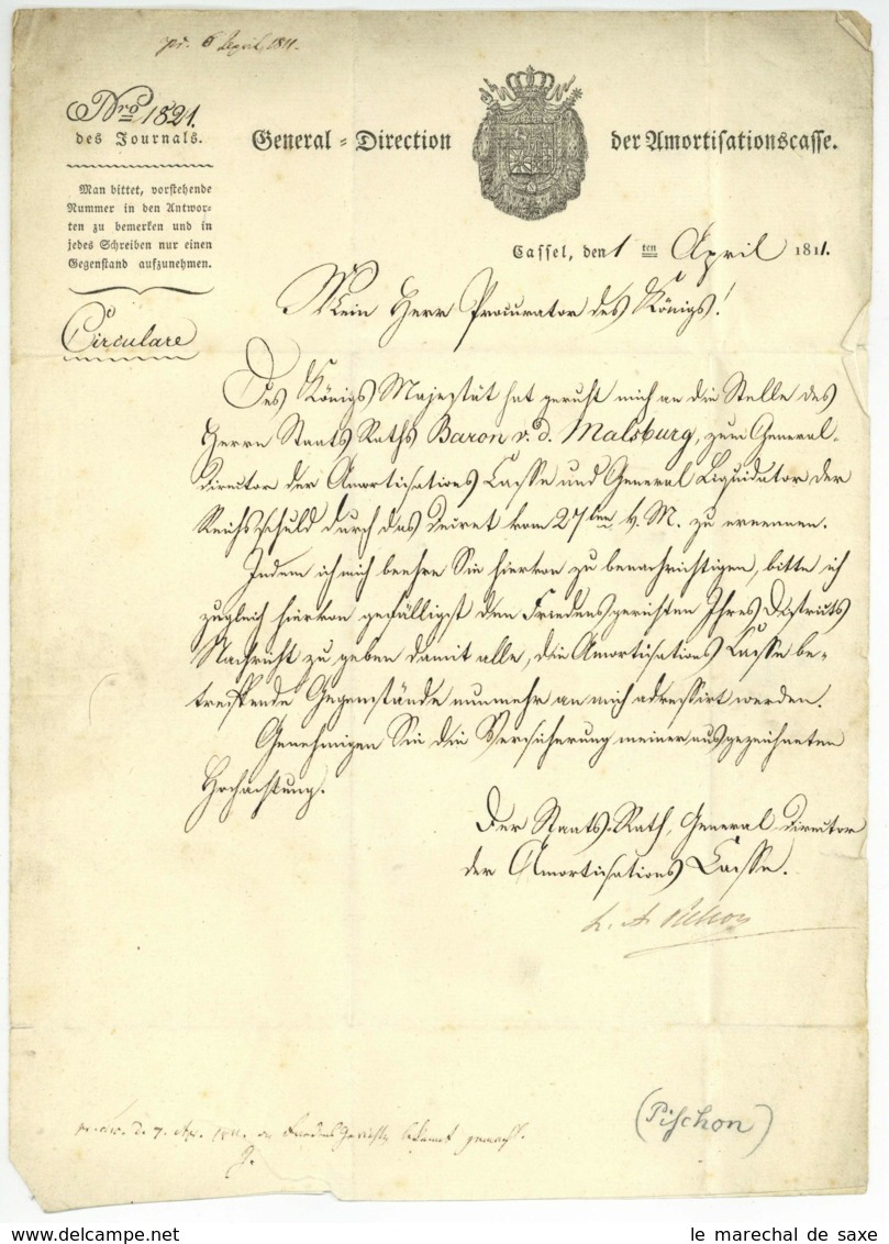 Royaume De Westphalie KASSEL 1811 Autographe PICHON (1771-1854) Goslar Vente De Louisiana USA - 1792-1815: Départements Conquis