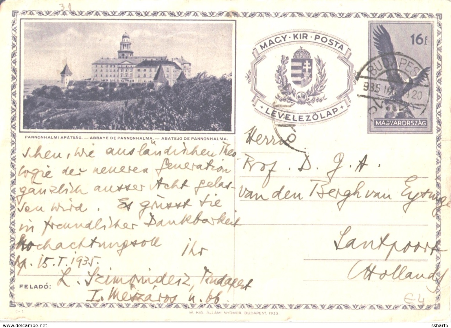Illustrated Postal Stationery Card 1935 Pannonhalmi Apátság 16 F Sent To Holland - Hojas Conmemorativas