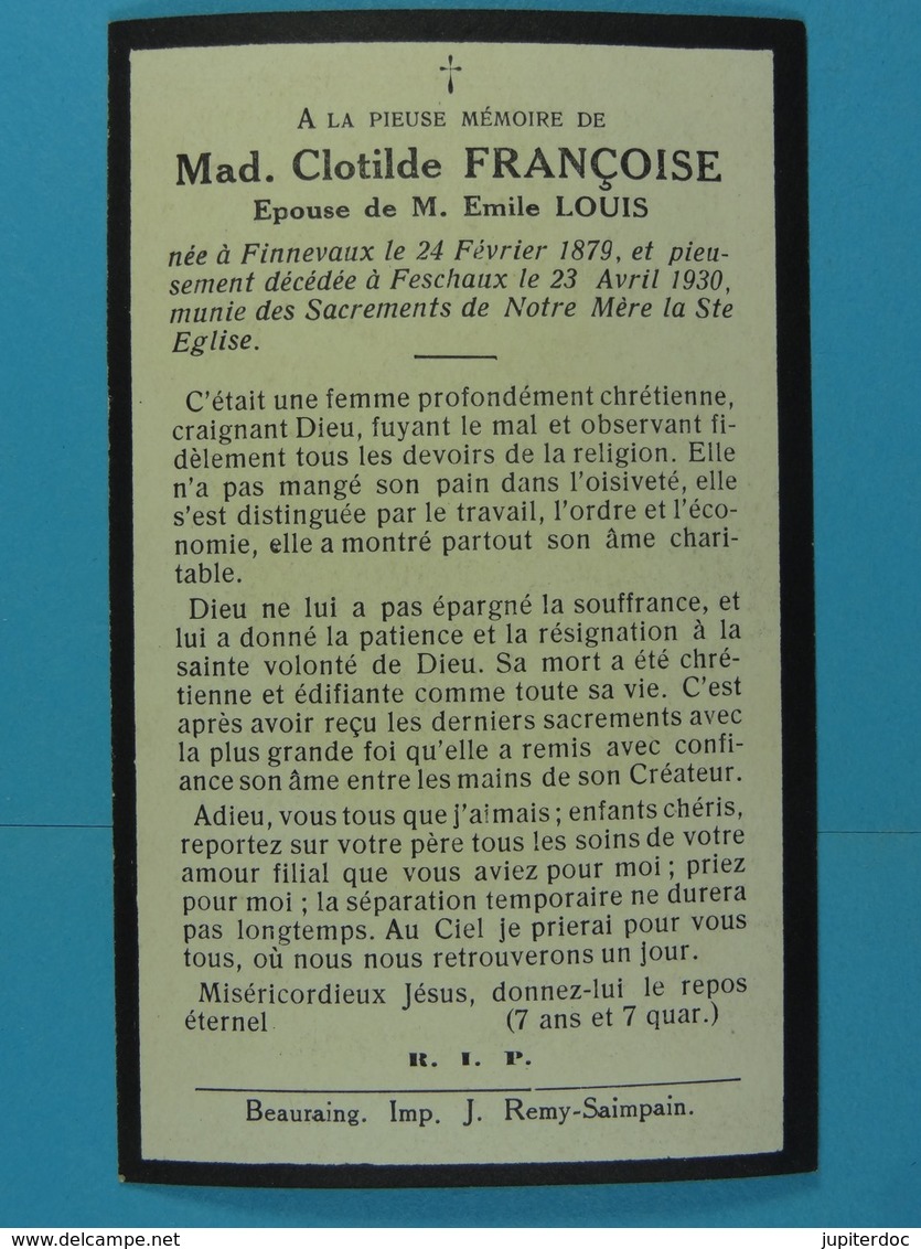 Clotilde Françoise épse Louis Finnevaux 1879 Feschaux 1930 - Devotion Images