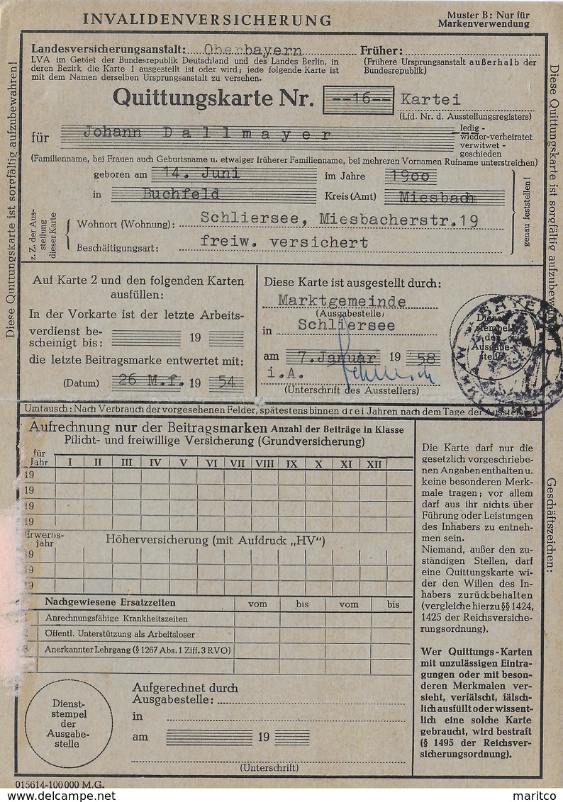 Deutschland Bayern Karte Invalidenversicherung Social Security 1954 - Sonstige & Ohne Zuordnung