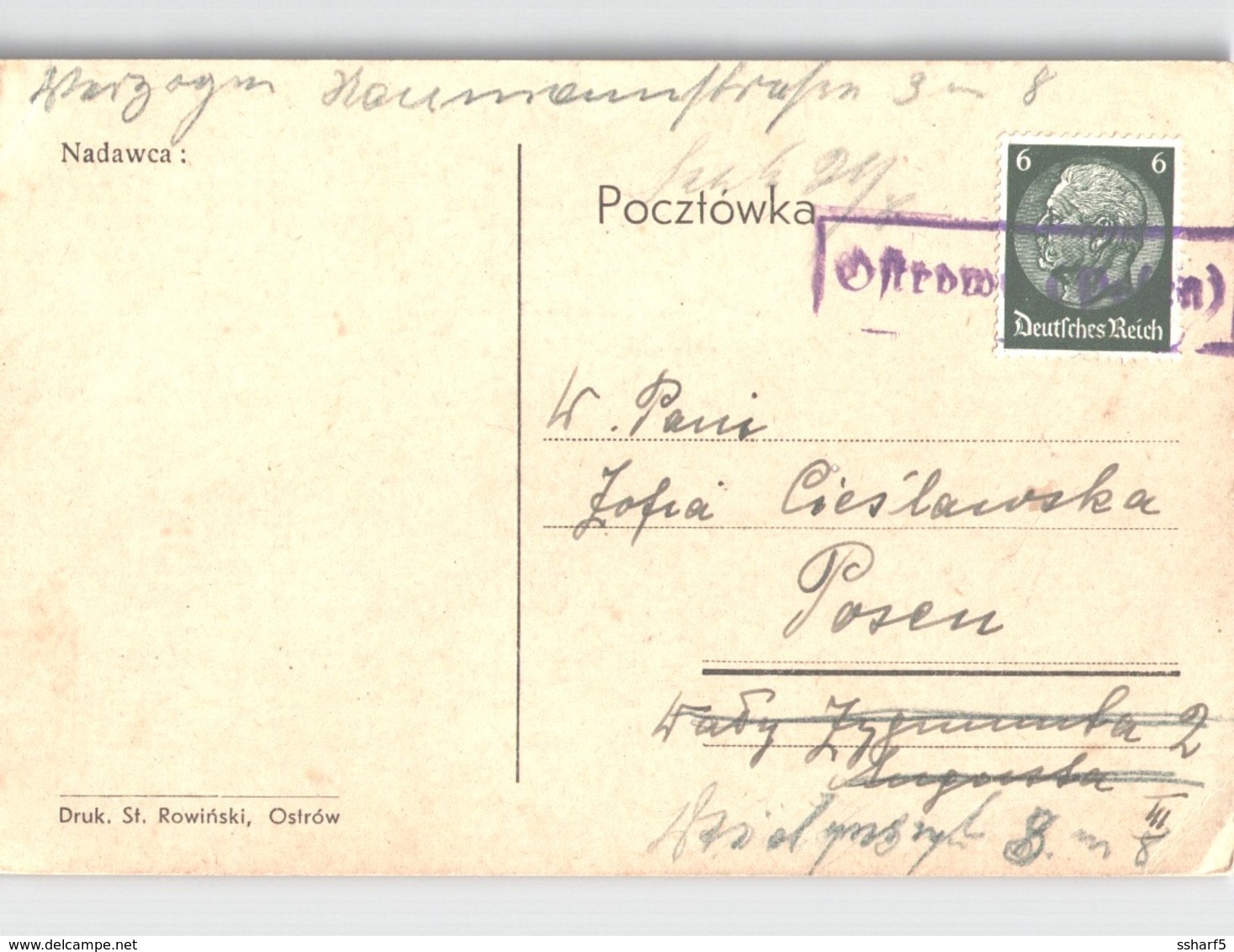 Violet Boxed Handstamp: OSTROW (Polen) On German Stamp - Storia Postale