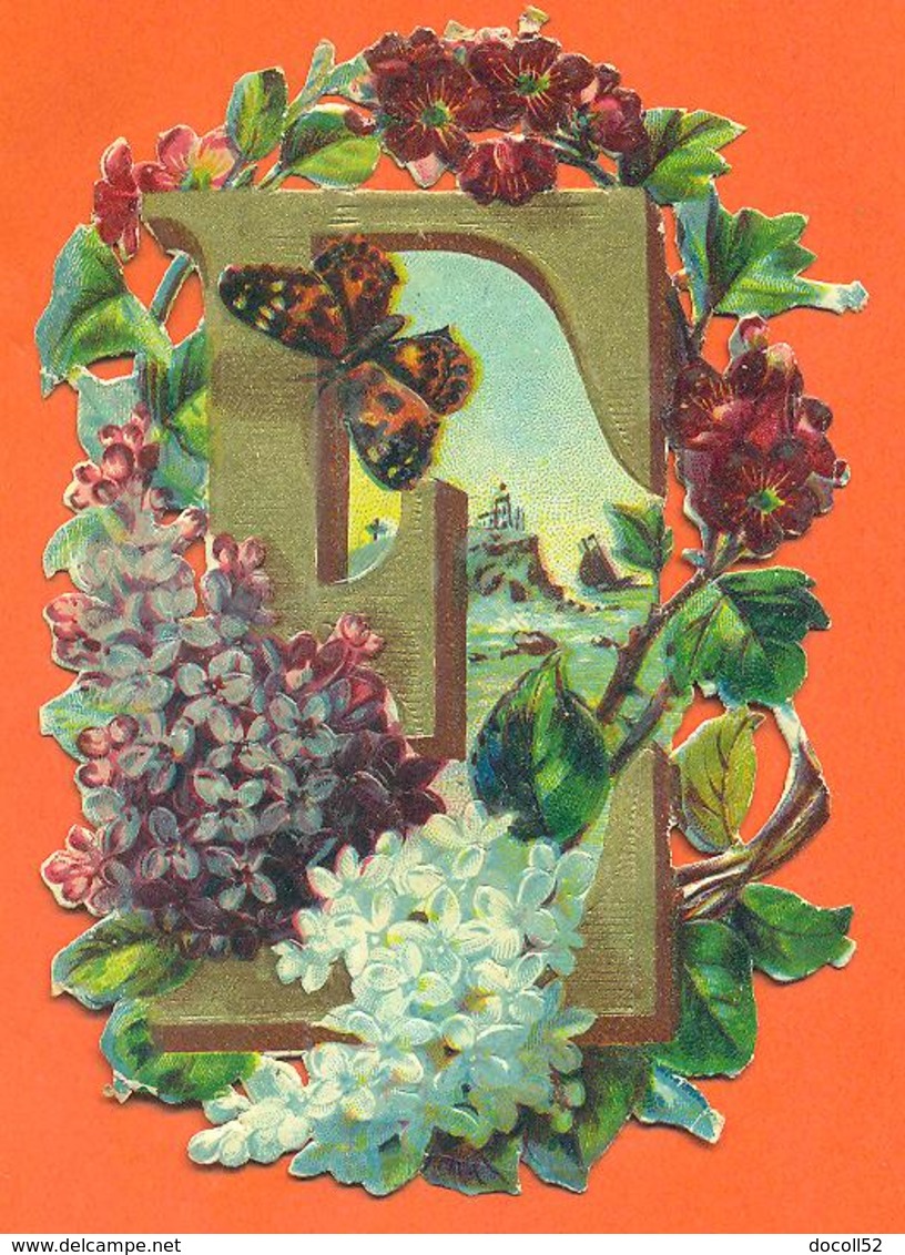 CHROMO DECOUPI Gaufré Alphabet " Lettre E " Fleurs Lilas - Papillon - Flowers