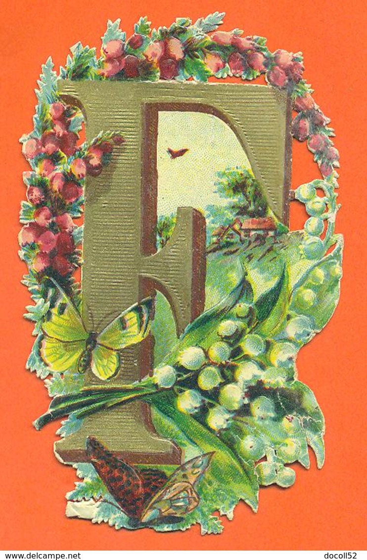 CHROMO DECOUPI Gaufré Alphabet " Lettre F " Fleurs Muguet - Roses - Papillon - Flowers