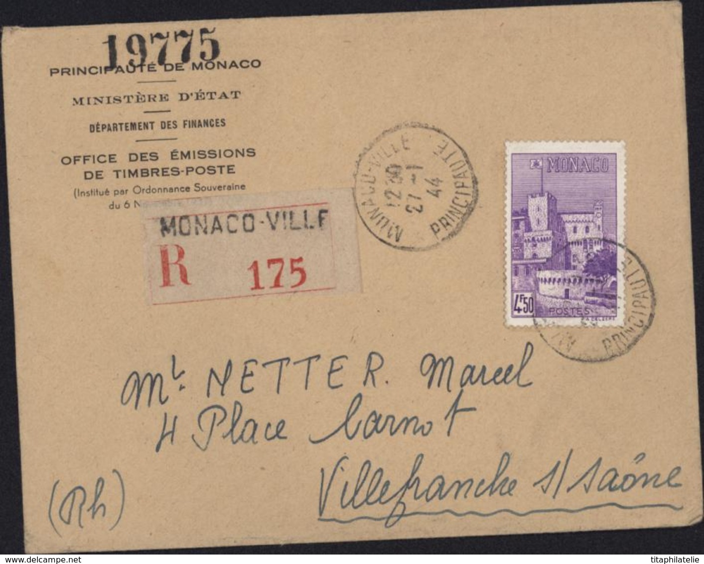 Lettre Recommandée Principauté De Monaco Office émissions Timbre Poste YT 259 Seul Sur Lettre Tarif CAD 27 1 44 - Storia Postale