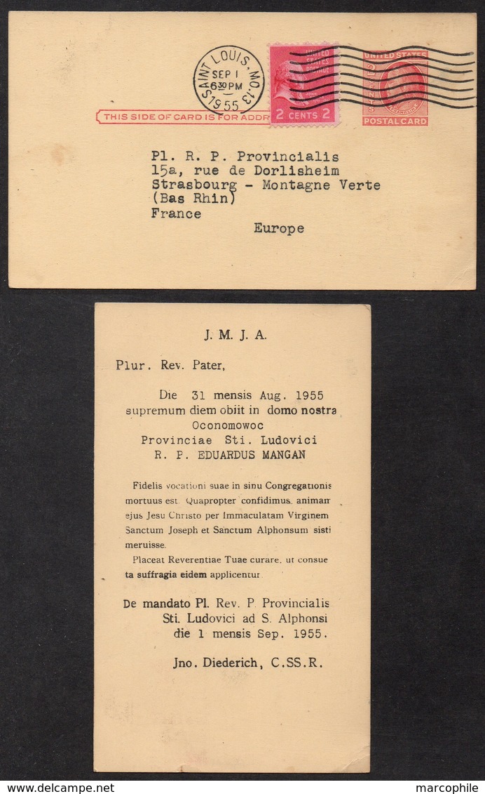 RELIGION - CATHOLICISME / 1955 SAINT LOUIS USA ENTIER POSTAL REPIQUE POUR STRASBOURG (ref LE2781) - Christianisme