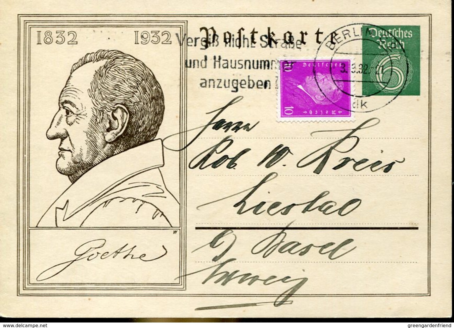 40334 Germany Reich  Stationery Card 6pf.circuled 1932 Showing The Writer Goethe - Ecrivains