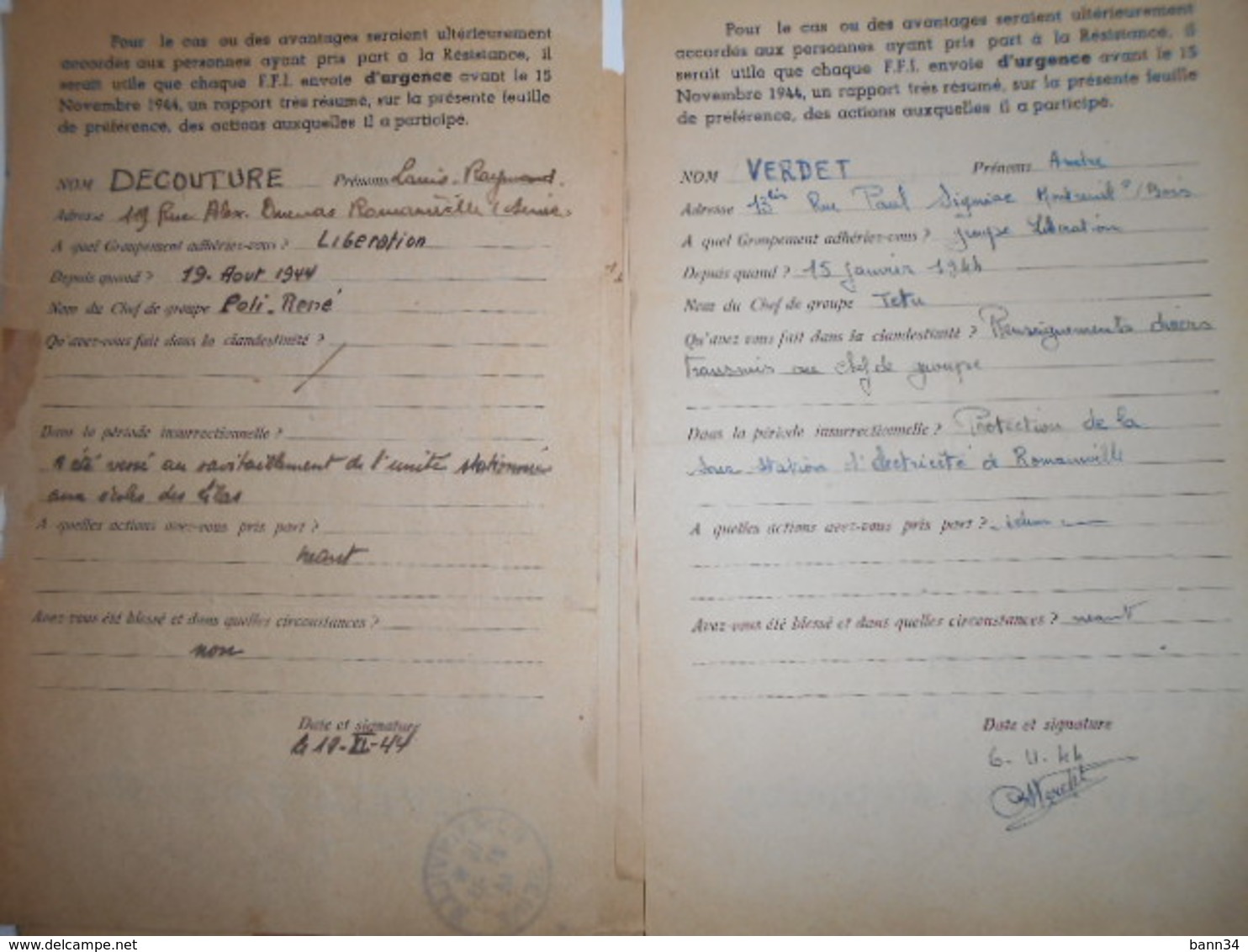 lot de 6 courriers FM liberation paris 1944 franchise militaire ffi ftp resistance romainville