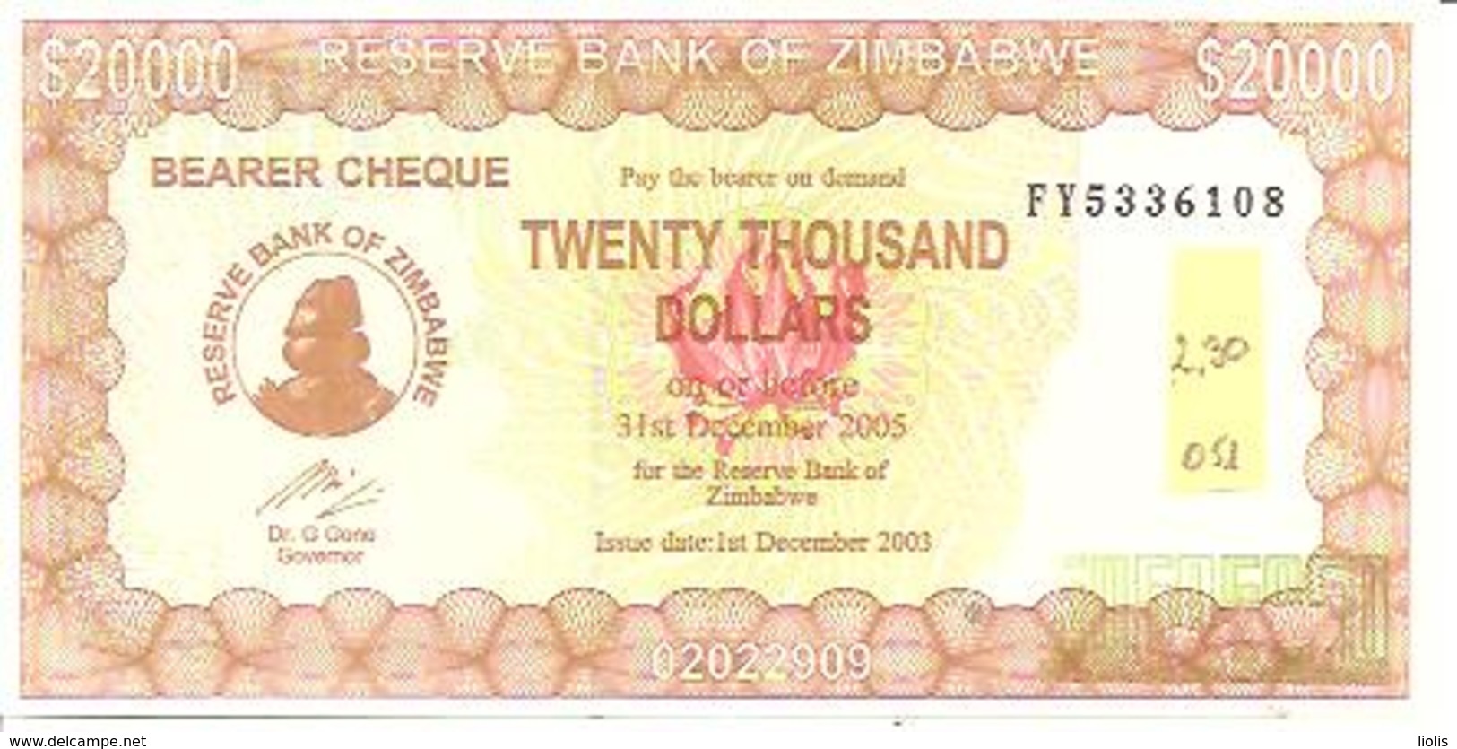 Zimbabwe  P-23  20000 Dollars  2005 - Zimbabwe