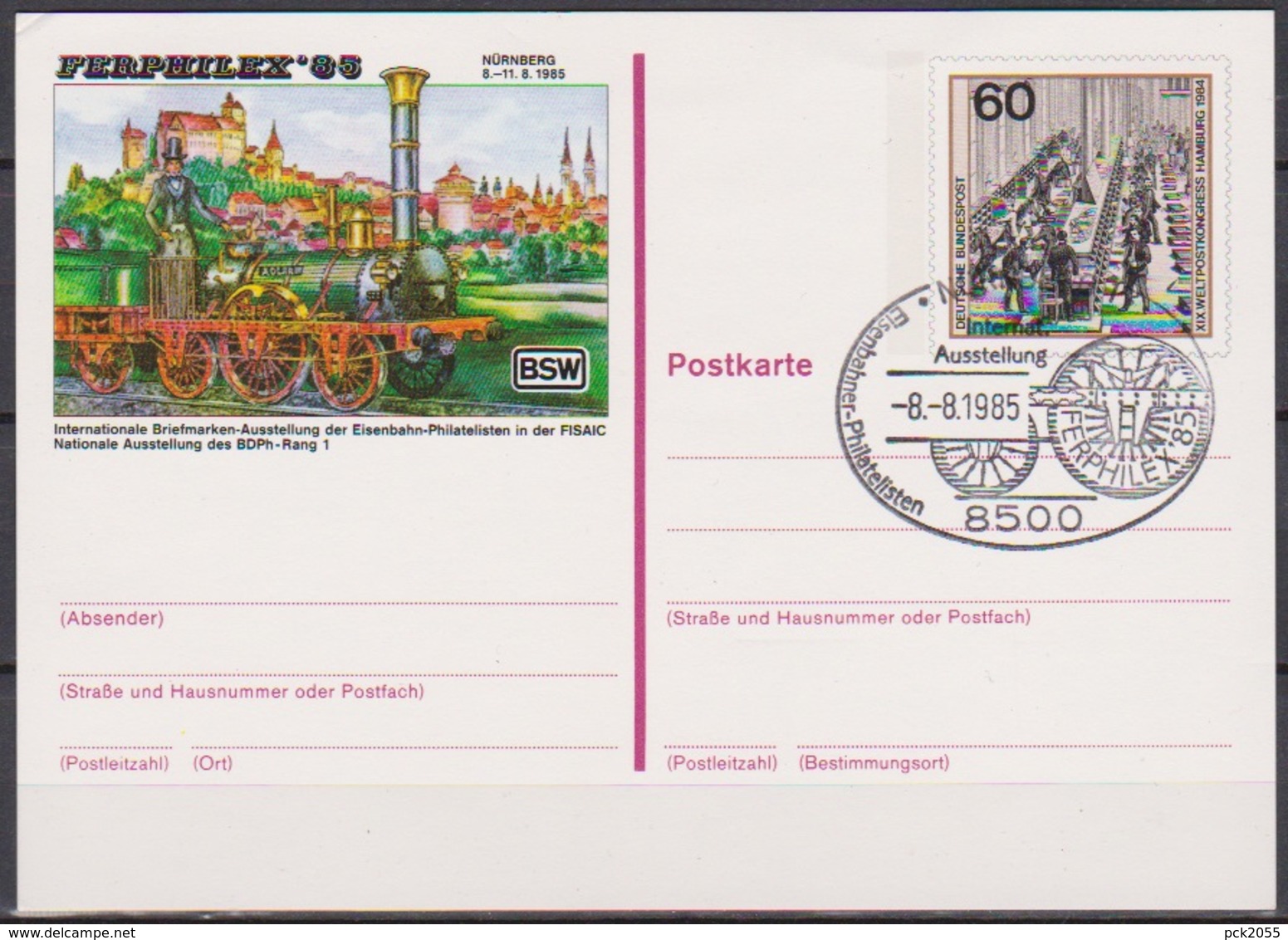 BRD Ganzsache 1985 PSo 10  FERPHILEX  85 Nürnberg   ESST. Nürnberg 150 J. Eisenbahn ( D 1229) Günstige Versand - Postcards - Used