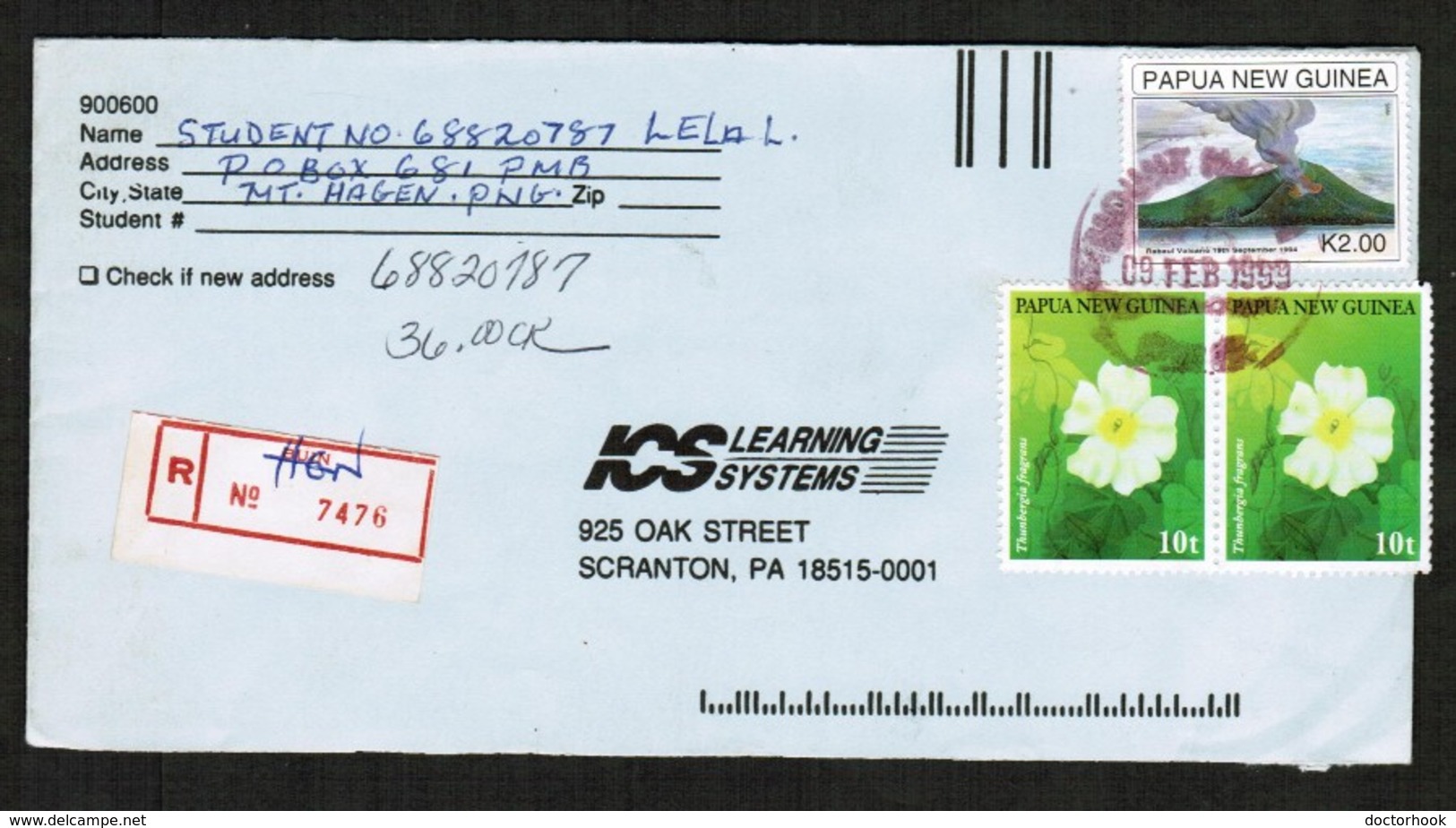 PAPUA NEW GUINEA   SCOTT # 928 (2) & 884 On REGISTERED COVER To SCRANTON, PENN. USA (09/FEB/1999) (OS-442) - Papúa Nueva Guinea