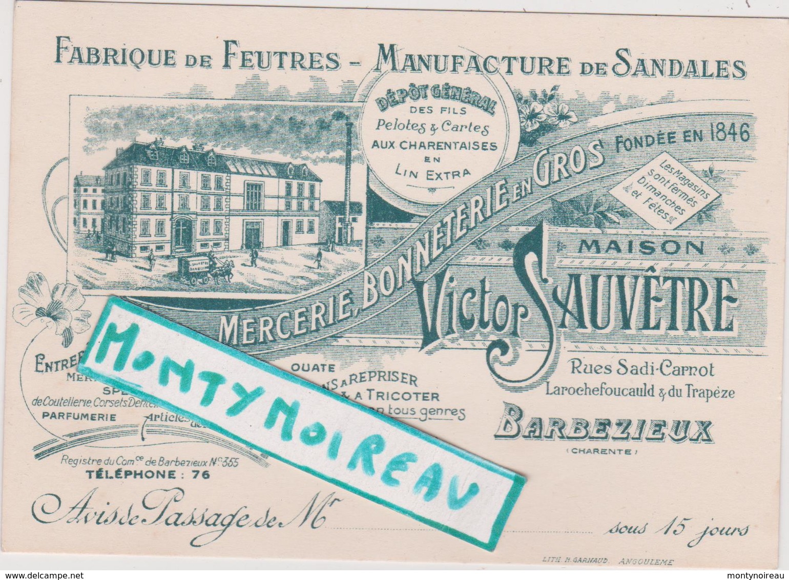 Vieux  Papier :  Calvados :  Charente :  BARBEZIEUX : Fabrique De Feutres , Manufacture De Sandales - Cartes De Visite