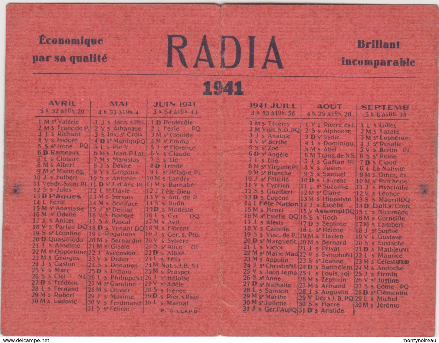 Vieux  Papier : Calendrier  1941 "  RADIA "   Cirage  ,  Caen , Calvados - Tamaño Pequeño : 1941-60