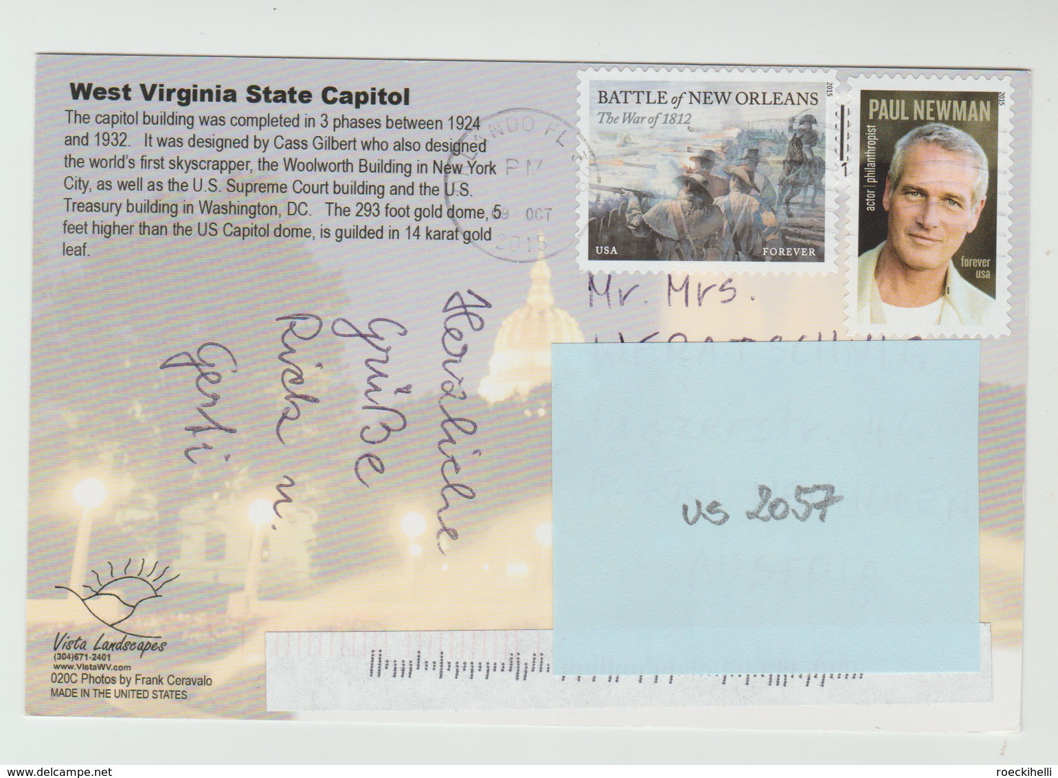09 OCT 2015 - USA/West Virginia  -  AK/CP/Postcard V. State Capitol, Charleston -  O Gestempelt - Siehe Scan (us 2057) - Charleston
