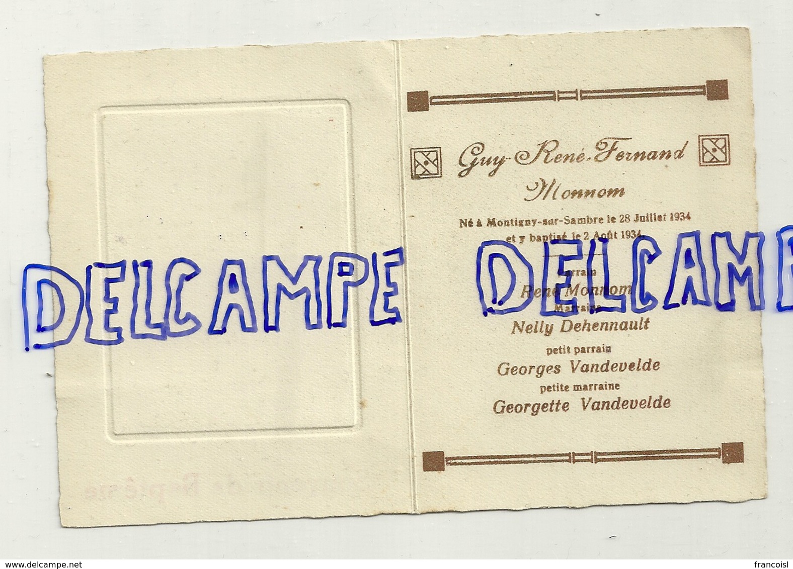 Carte Double De Souvenir De Baptême. Guy Monnom Montigny 1934 - Naissance