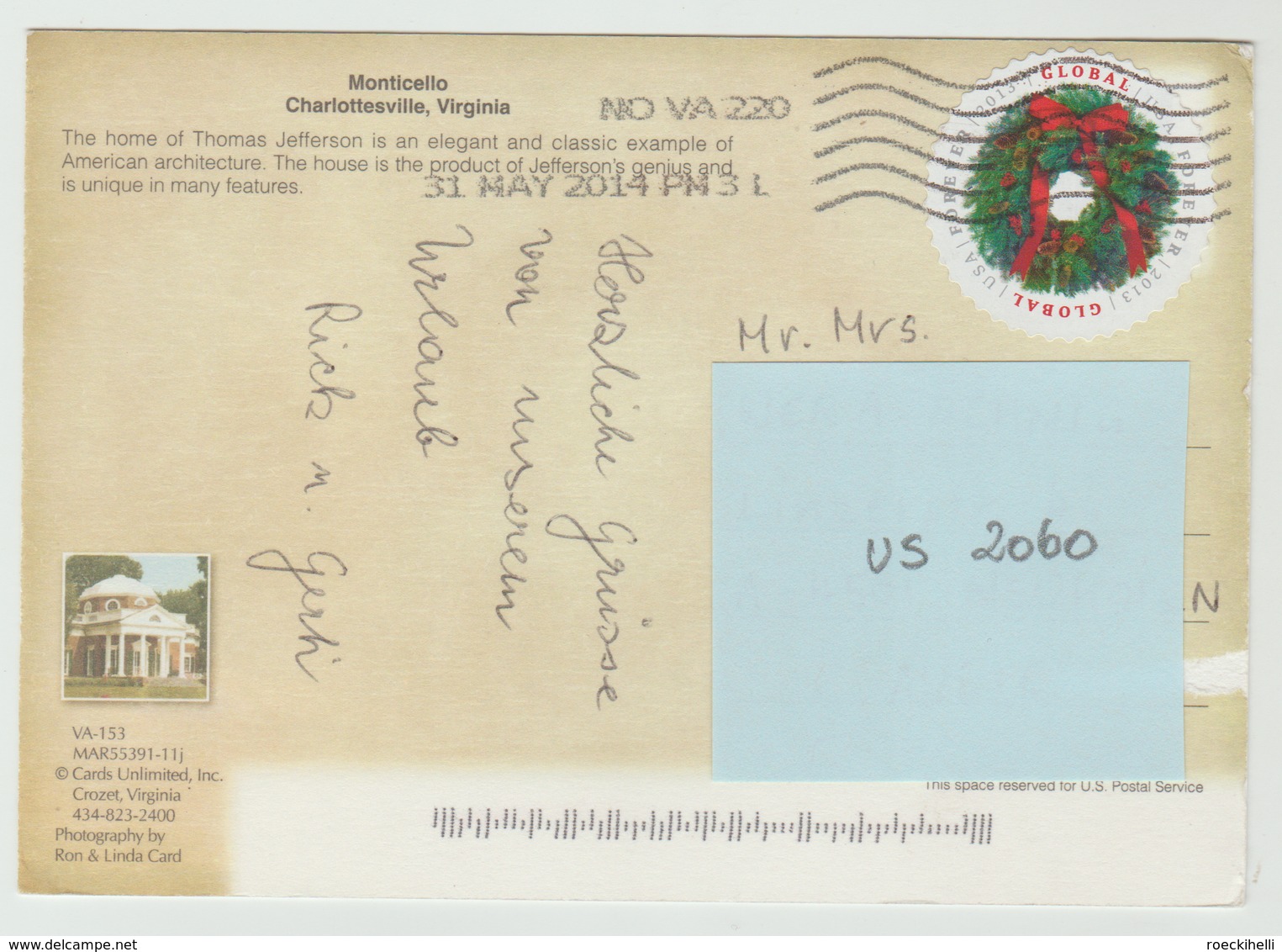 31 MAY 2014 - USA/Virginia/Monticello  -  AK/CP/Postcard V. Monticello -  O Gestempelt - Siehe Scan (us 2060) - Sonstige & Ohne Zuordnung