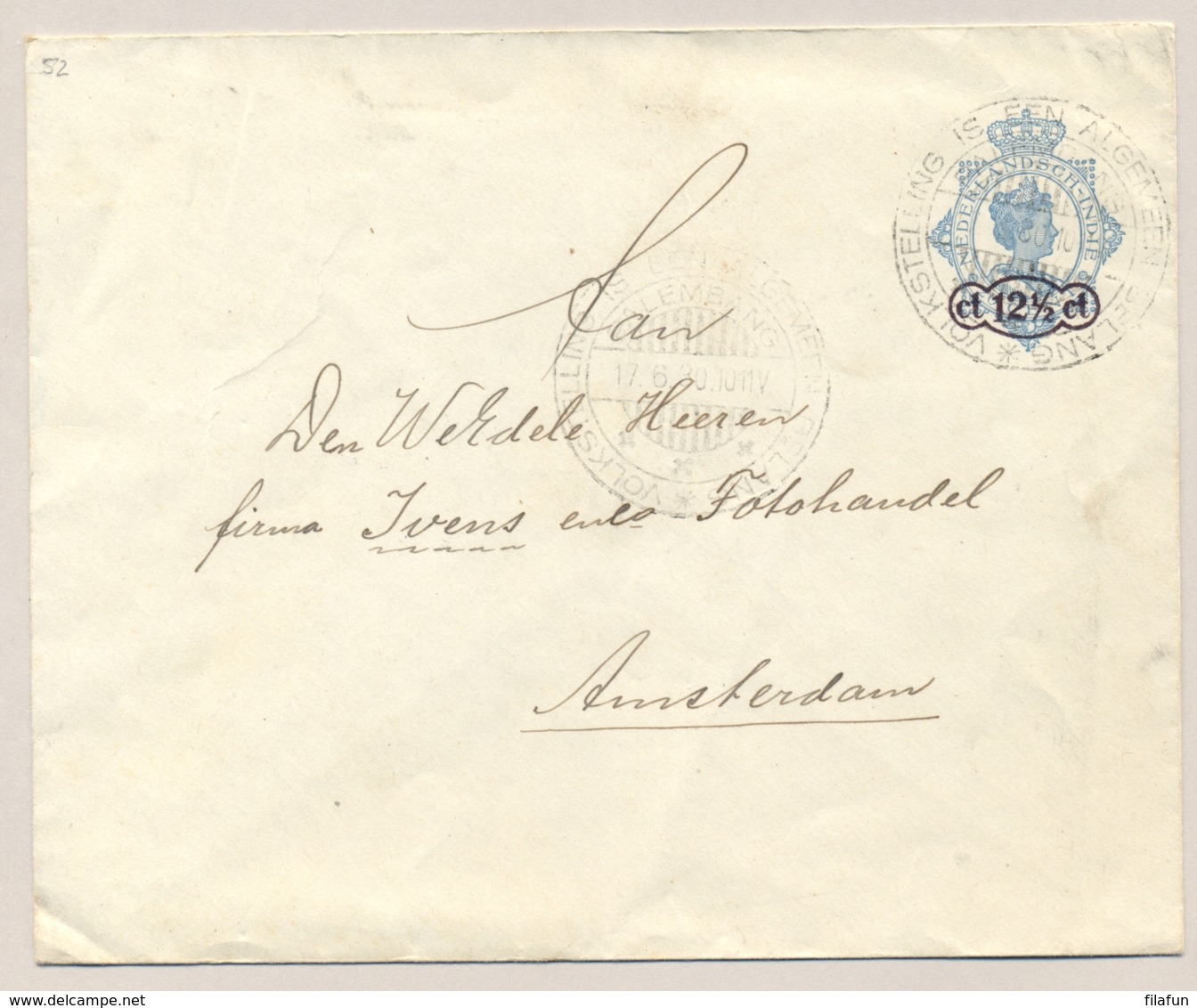 Nederlands Indië - 1930 - Stempel Volkstelling Is Een Algemeen Belang - Palembang Op Envelop G52 Naar Amsterdam - Nederlands-Indië