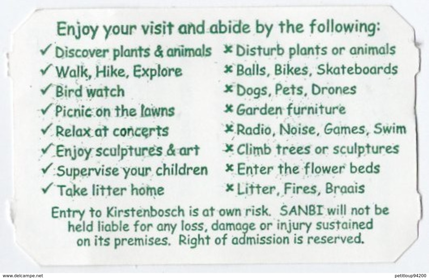 TICKET D'ENTREE JARDIN BOTANIQUE NATIONAL Kirstenbosch LE CAP Afrique Du Sud  NATIONAL BOTANICAL GARDEN South Africa - Eintrittskarten