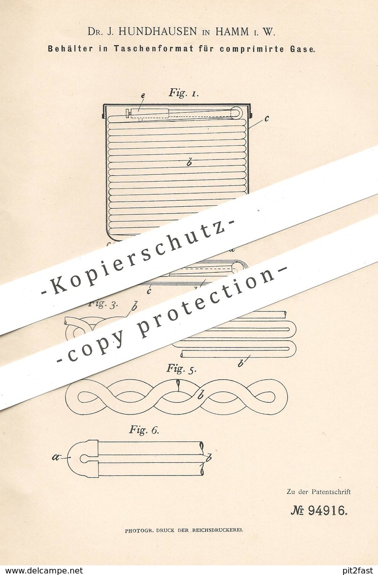 Original Patent - Dr. J. Hundhausen , Hamm , 1897 , Behälter In Taschenformat Für Komprimierte Gase | Gas , Gasflasche - Historische Dokumente