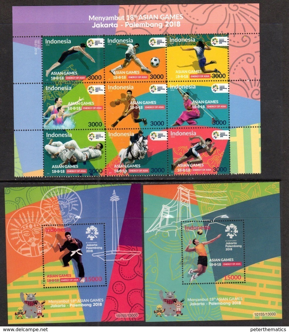 INDONESIA, 2018, MNH, 18th ASIAN GAMES, FOOTBALL, BASKETBALL, VOLLEYBALL,SWIMMING, MARTIAL ARTS, ATHLETICS, 9v+ 2 S/S - Other & Unclassified