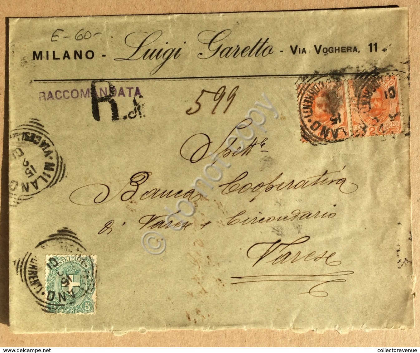 Italia Regno 1901 - Raccomandata Varese - Effigie Di Umberto I (3°) Coppia 20c - Non Classificati