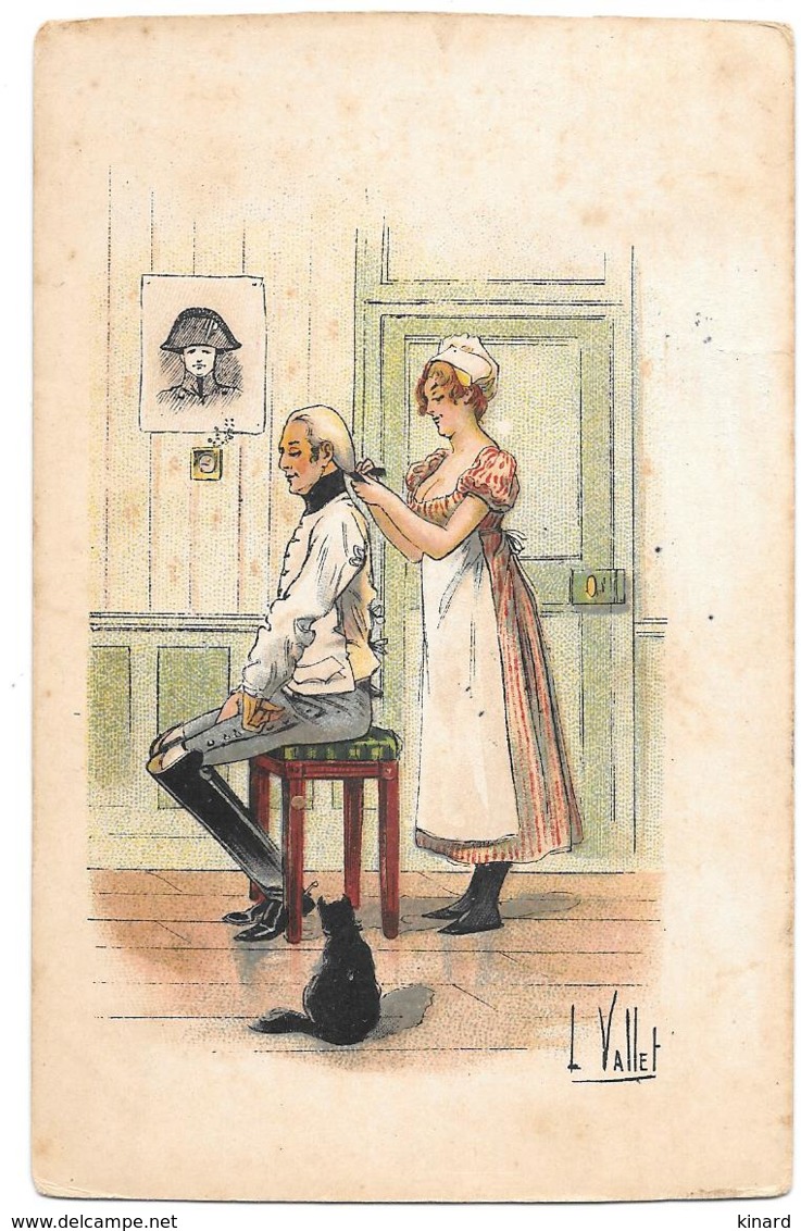 CPA.  ILLUSTRATEUR..   L. VALLET..MILITAIRE..SE FAISANT COIFFER....PAS COURANTE 1907.  VOIR SCAN - Vallet, L.