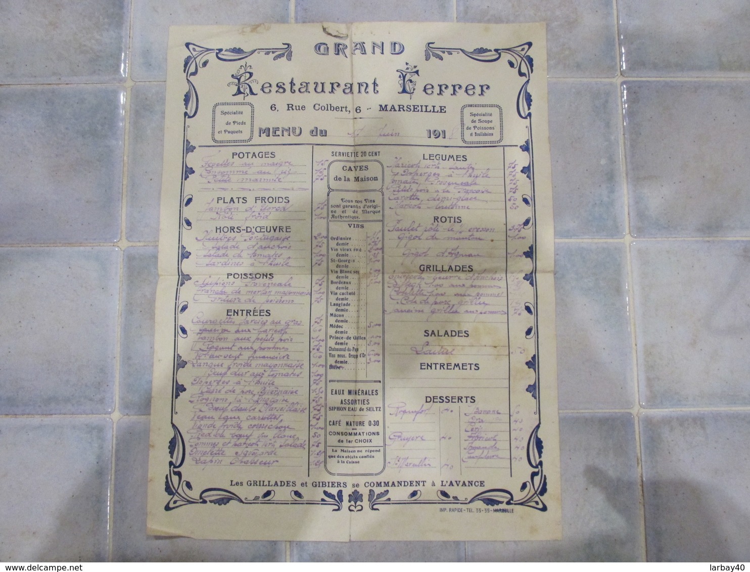 Menu Restaurant Ferrer Rue Colbert Marseille Du 17 Juin 1918 - Menus