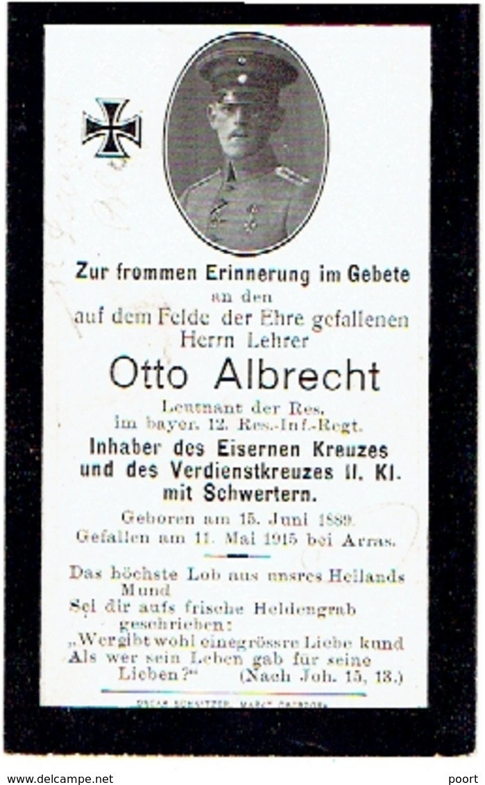 Sterbebild Otto ALBRECHT - Leutnant Res. Im Bayer. 12. Res.-Inf.-Regt. - Gevallen Bij ARRAS (F) 1915 - 1914-18