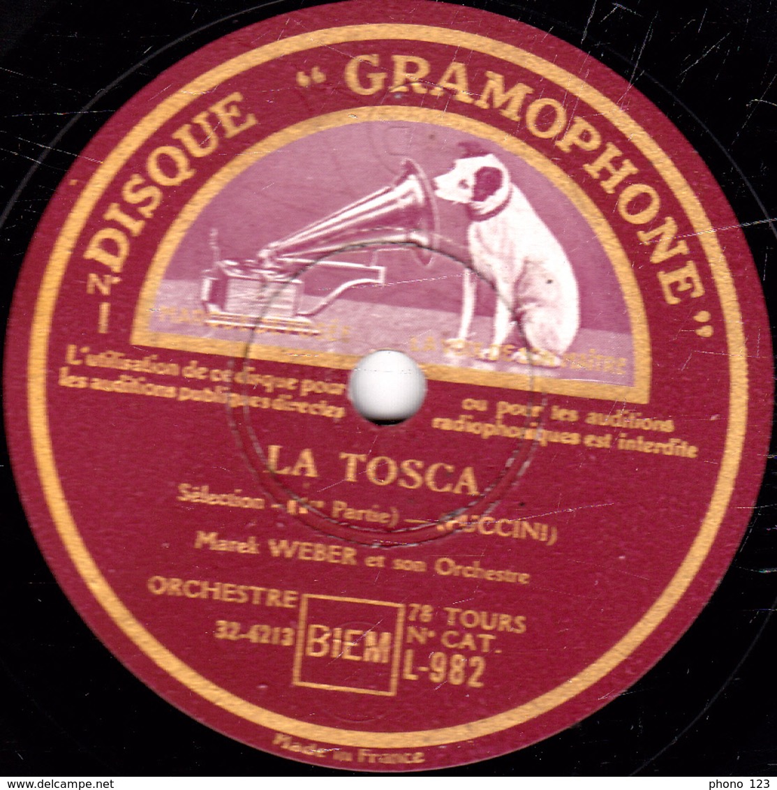 78 Trs - 30 Cm - état TB - LA TOSCA - Sélection 1re Et 2e Parties - Marcel WEBER Et Son Ochestre - 78 T - Disques Pour Gramophone