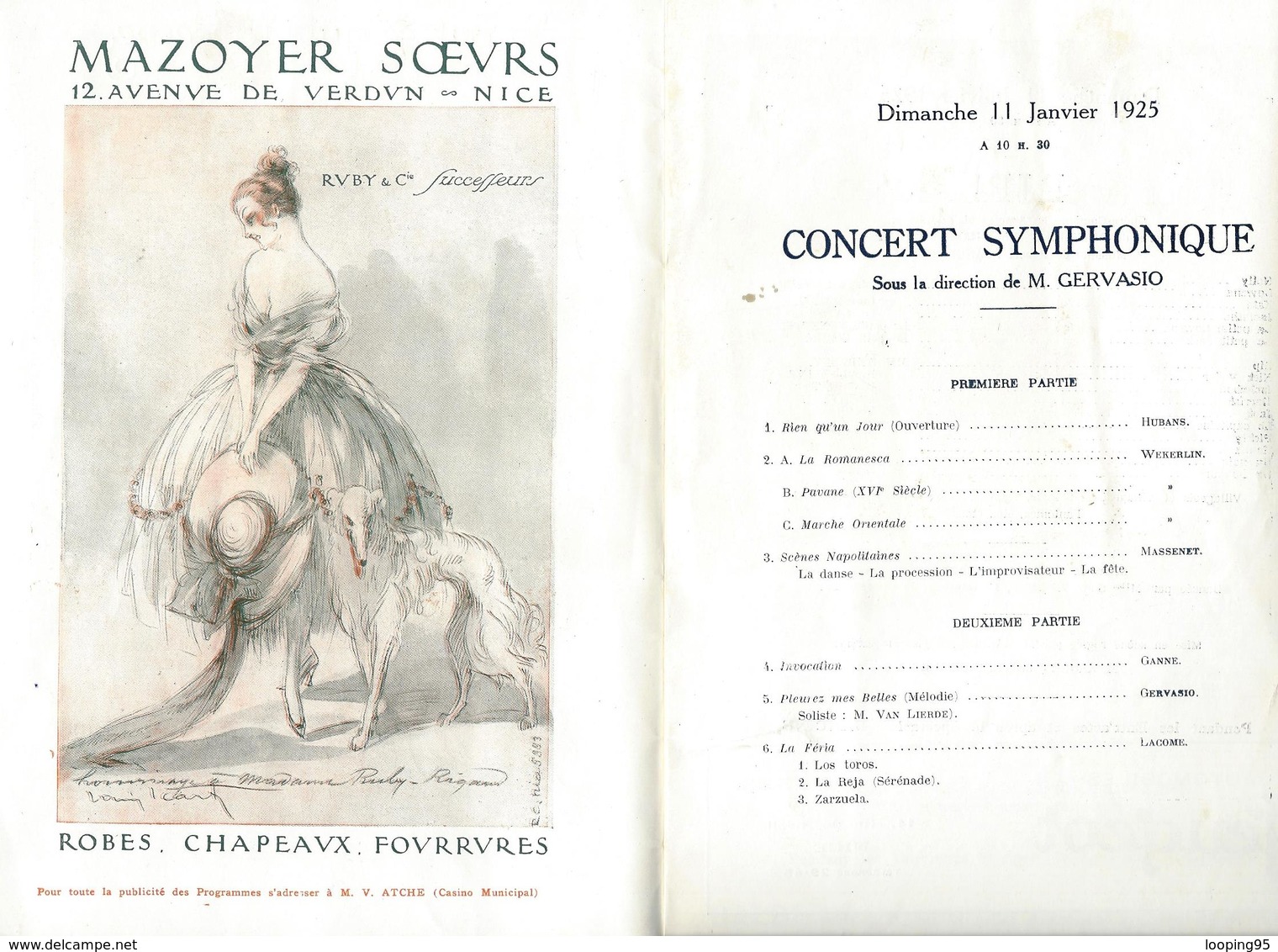 PROGRAMME-CONCERT SYMPHONIQUE-RIP-OPERA COMIQUE-LA VEUVE JOYEUSE-CASINO-NICE-PUBLICITE-SIGRAND-RIGAUD-COGNAC-MERCIER - Programmes