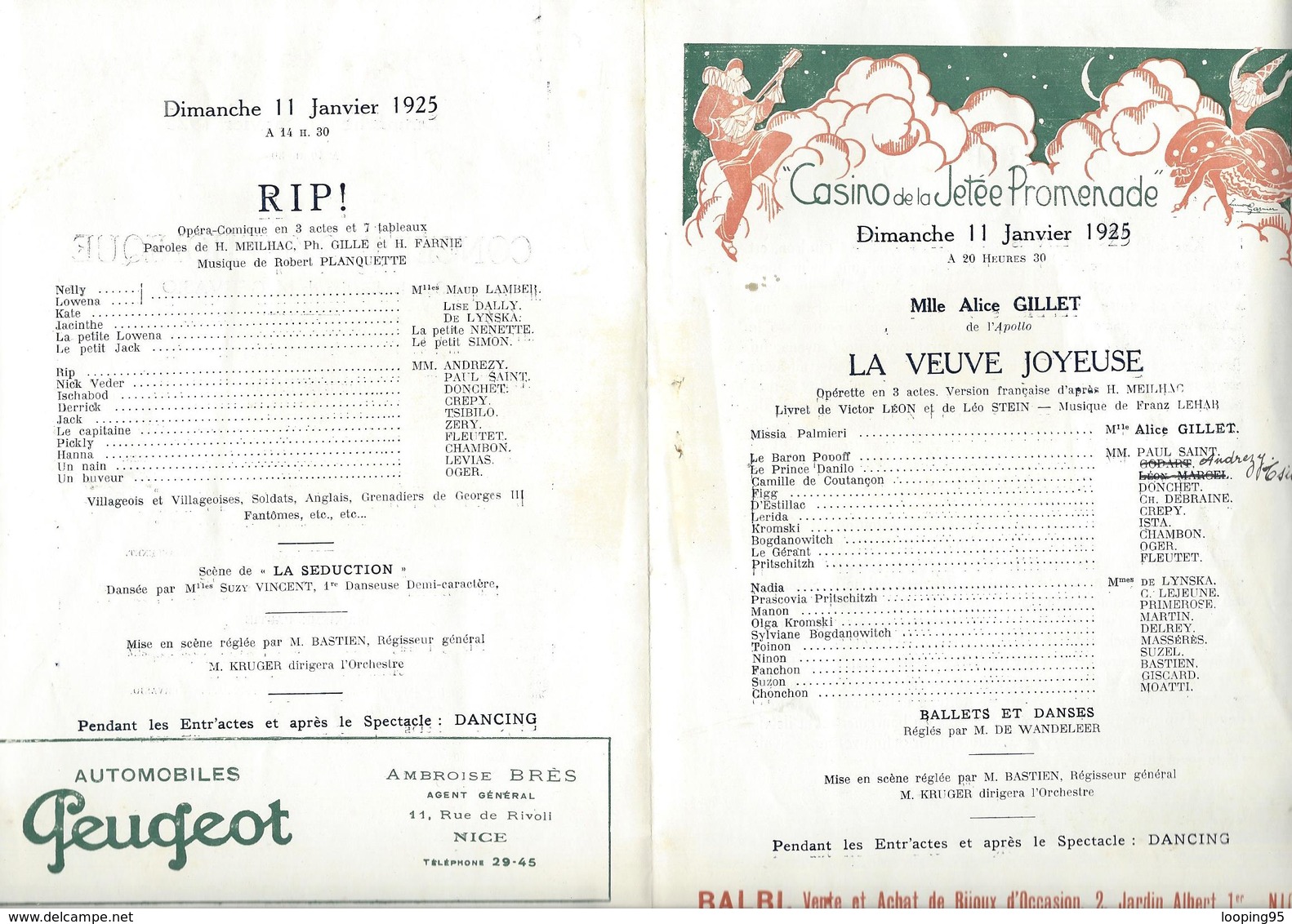 PROGRAMME-CONCERT SYMPHONIQUE-RIP-OPERA COMIQUE-LA VEUVE JOYEUSE-CASINO-NICE-PUBLICITE-SIGRAND-RIGAUD-COGNAC-MERCIER - Programmes