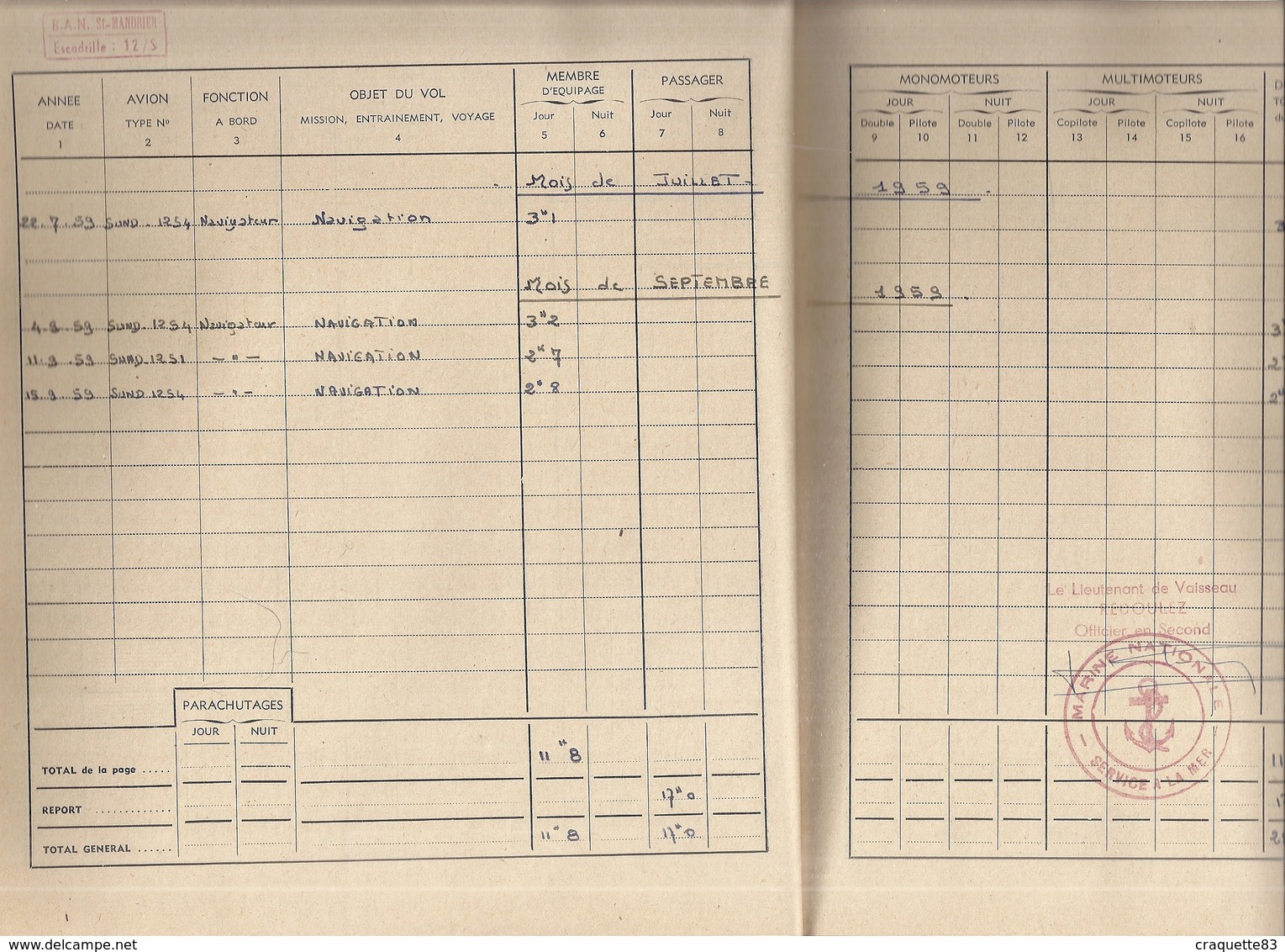 CARNET INDIVIDUEL DES SERVICES AERIENS N°1 - MARINE NATIONALE- BAN  ST MANDRIER VAR  1959-escadrille 12/S+ATTESTATION DE - Documents