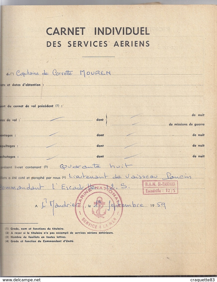 CARNET INDIVIDUEL DES SERVICES AERIENS N°1 - MARINE NATIONALE- BAN  ST MANDRIER VAR  1959-escadrille 12/S+ATTESTATION DE