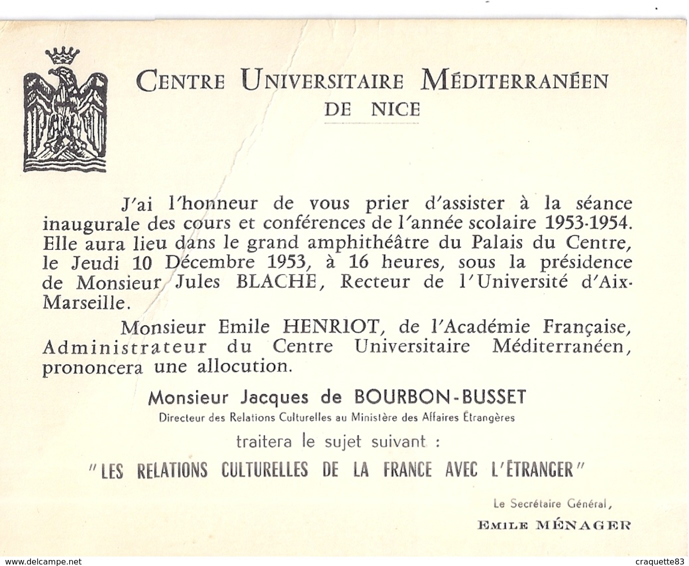 CENTRE UNIVERSITAIRE MEDITERRANEEN DE NICE- 1953-INVITATION A AMPHITHEATRE DU PALAIS DU CENTRE - Autres & Non Classés