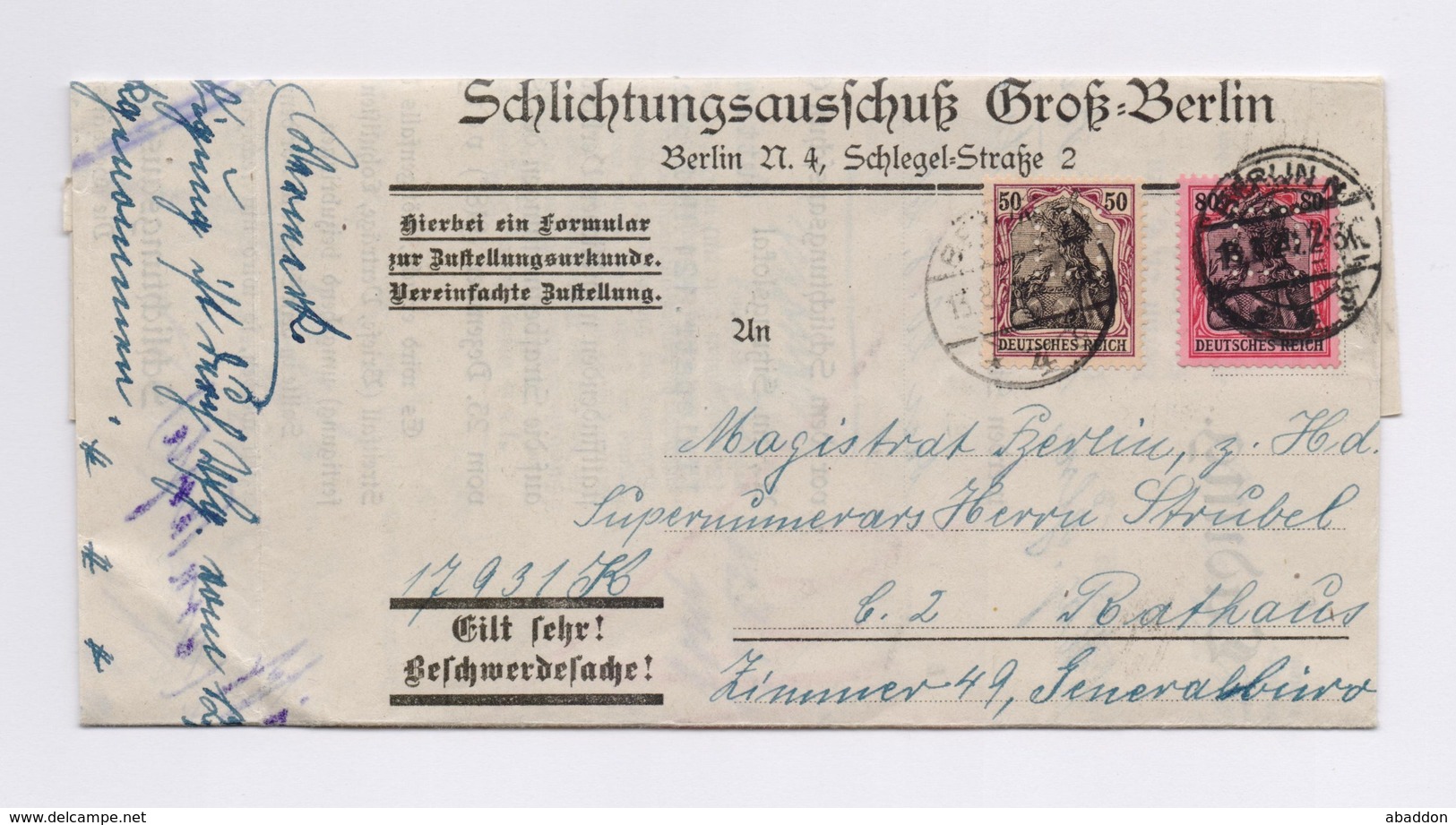 DR Dienstbrief Schlichtungsausschuß Groß Berlin 50/80Pfg Germania Perfin TSt BERLIN 1920 - Dienstmarken