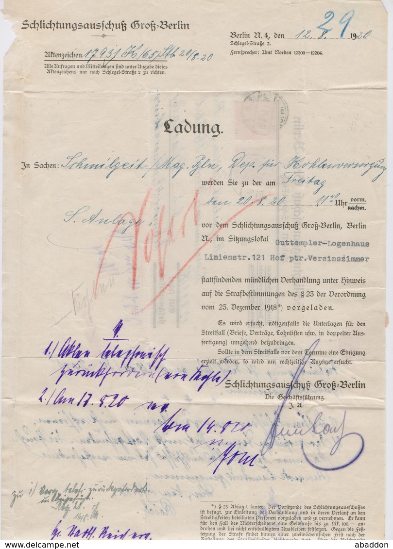 DR Dienstbrief Schlichtungsausschuß Groß Berlin 50/80Pfg Germania Perfin TSt BERLIN 1920 - Dienstmarken