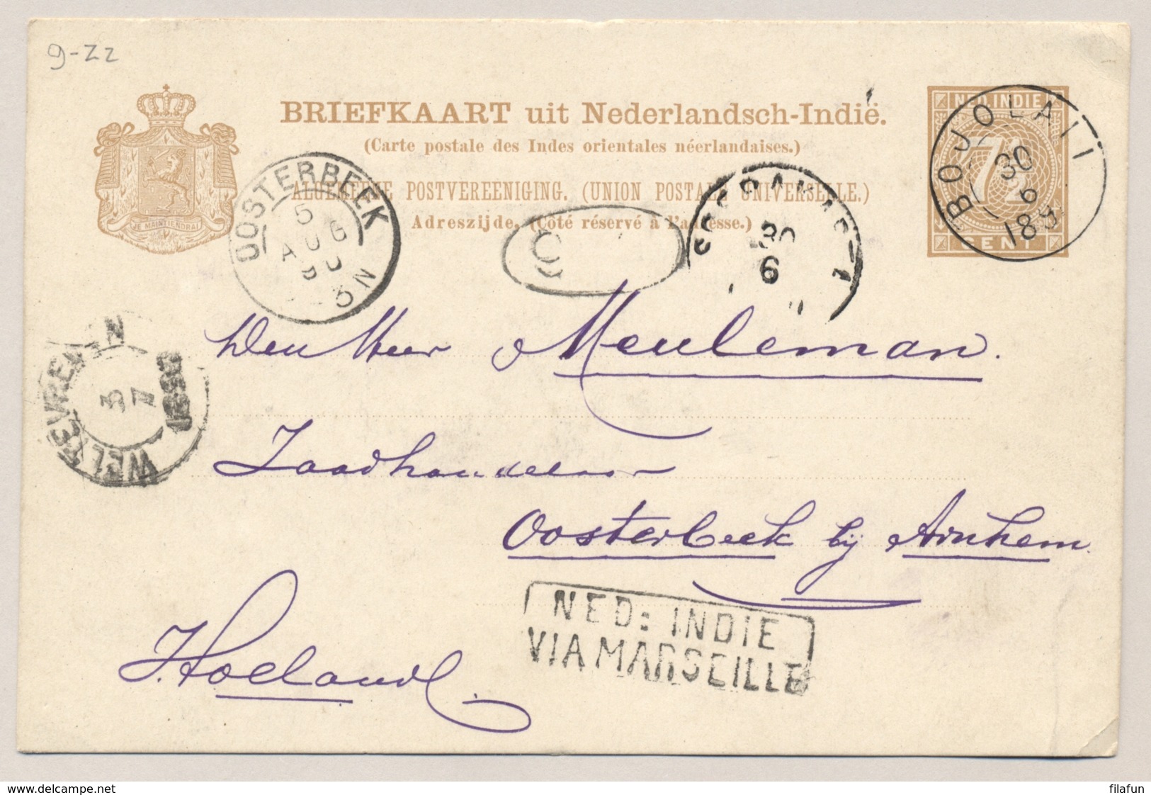 Nederlands Indië - 1890 - 7,5 Cent Cijfer, Briefkaart G9 Van KR BOJOLALI - Via Marseille - Naar KR Oosterbeek - Nederlands-Indië