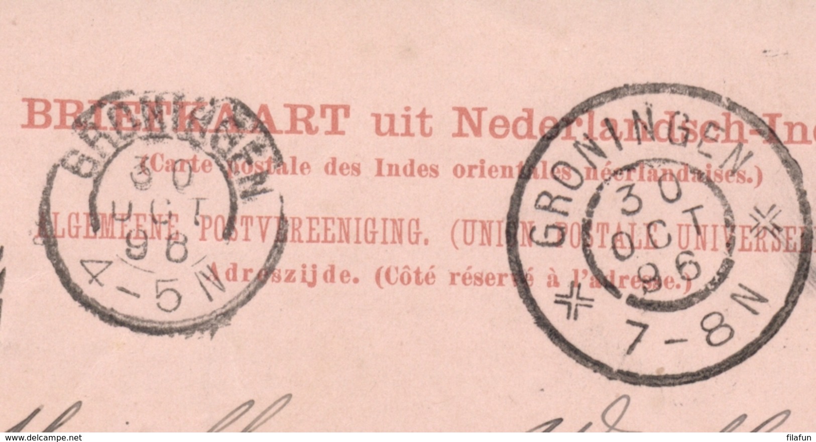 Nederlands Indië - 1896 - 7,5 Cent Cijfer, Briefkaart G12 Van VK BILLITON Via Singapore Naar Groningen En GR Doesburg - Nederlands-Indië