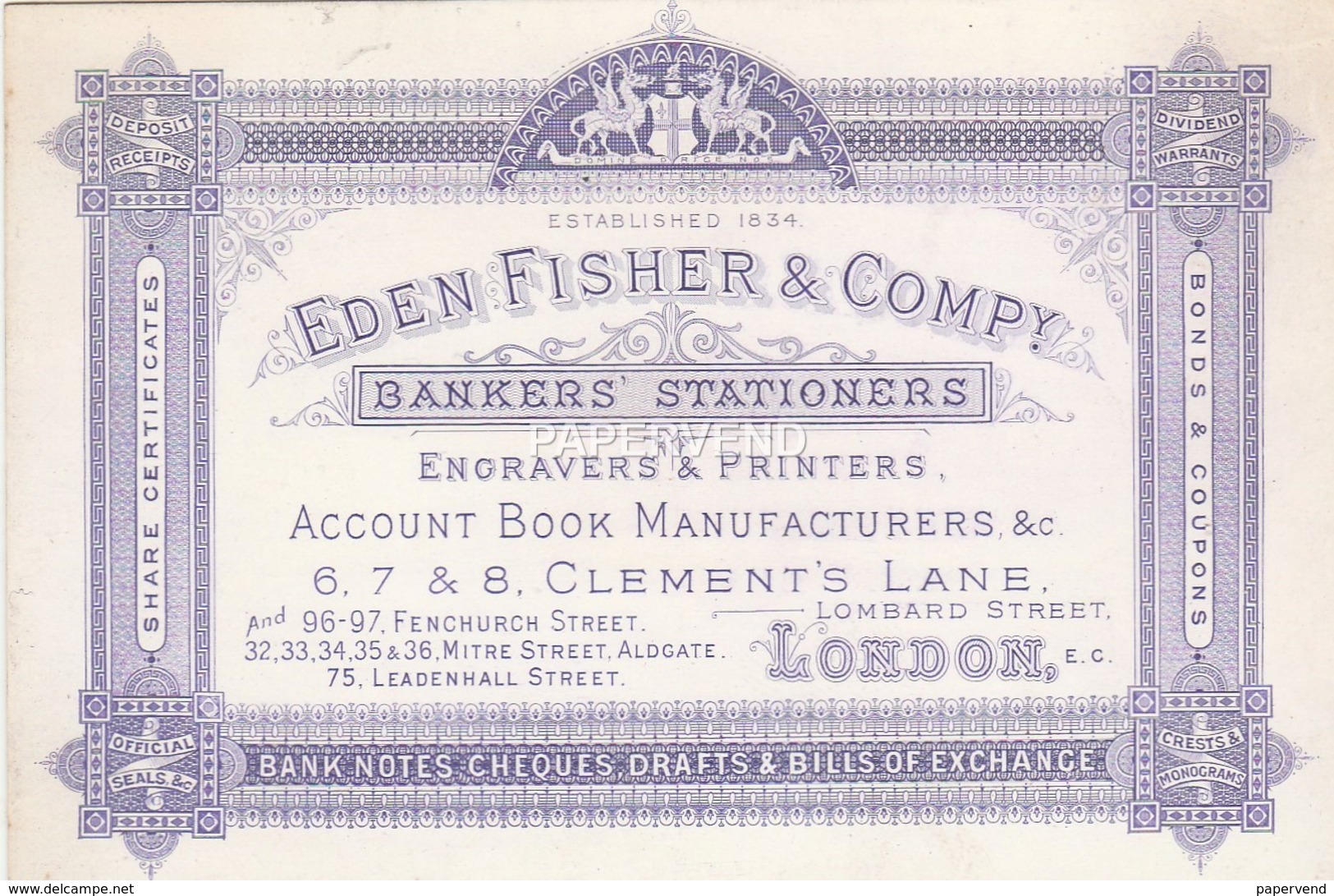 Trade Card   Eden Fisher & Co. Bankers Stationer   LONDON Etc30 - Other & Unclassified